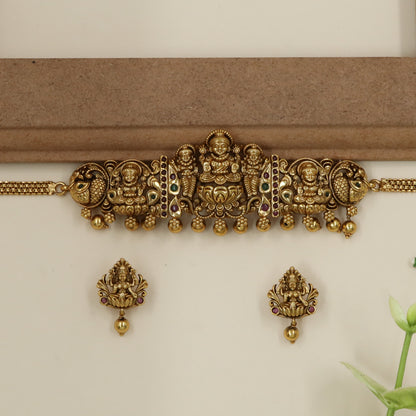 Traditional Temple Relief Choker with Triple Lakshmi Motif
