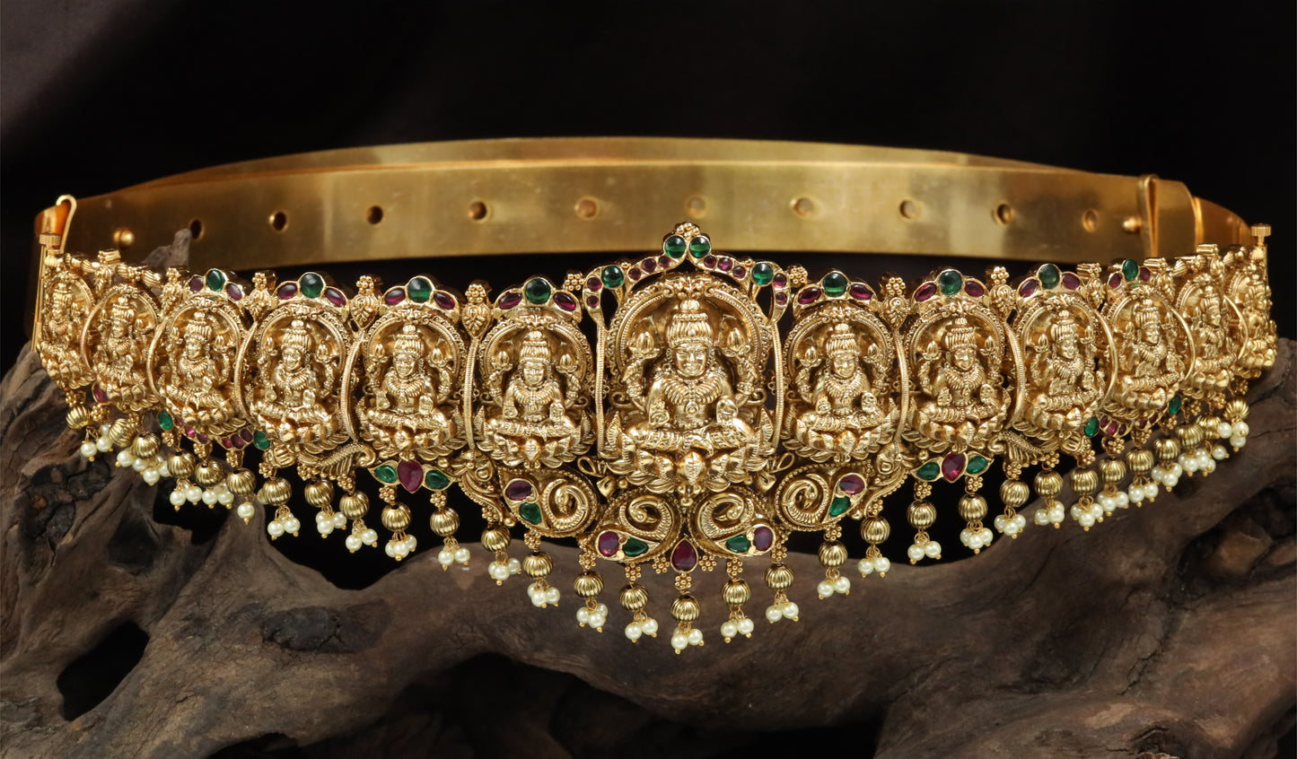 Multi-Lakshmi Panel Dabu with Lotus Thrones and Pearl Drops