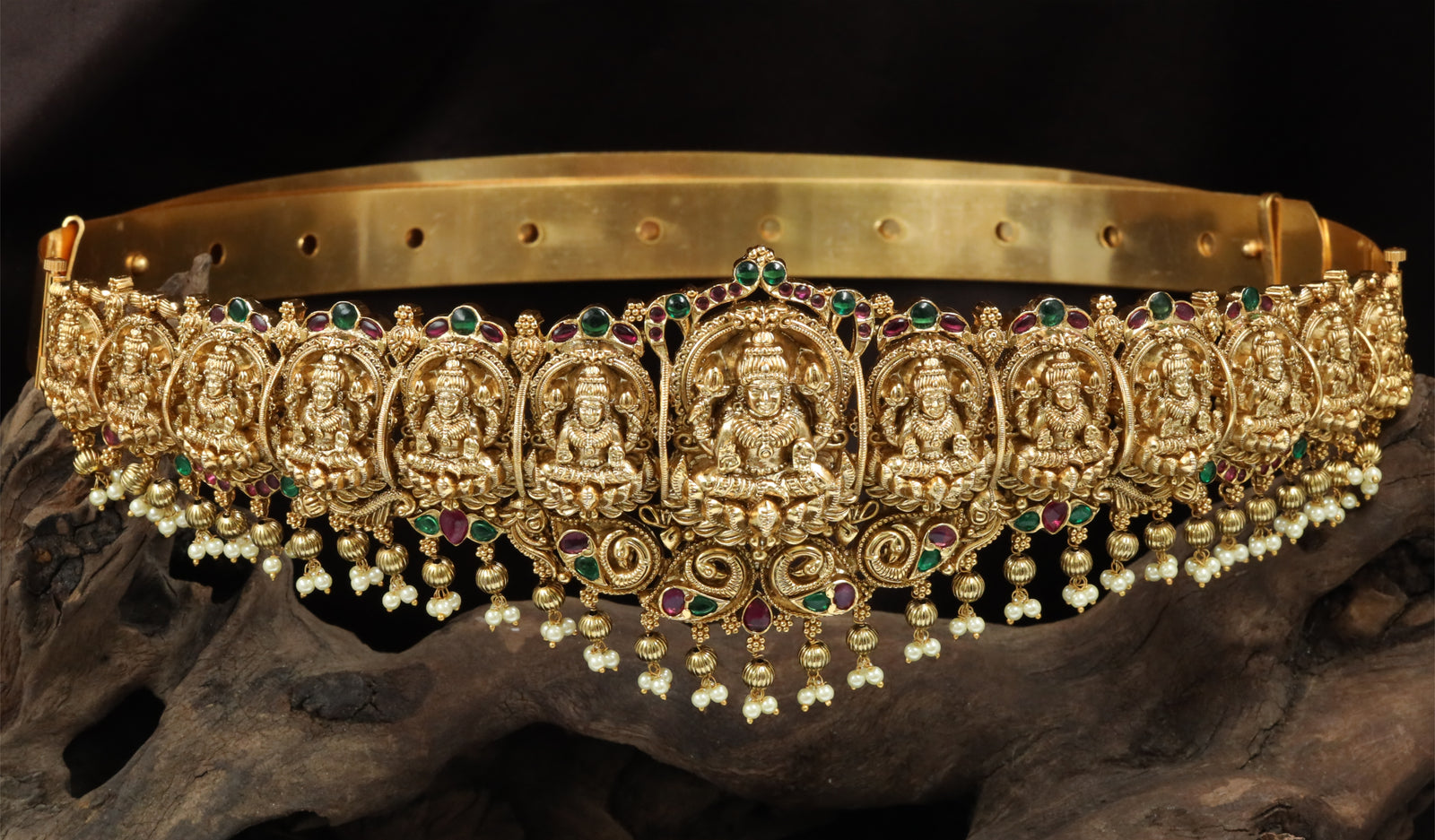 Multi-Lakshmi Panel Dabu with Lotus Thrones and Pearl Drops