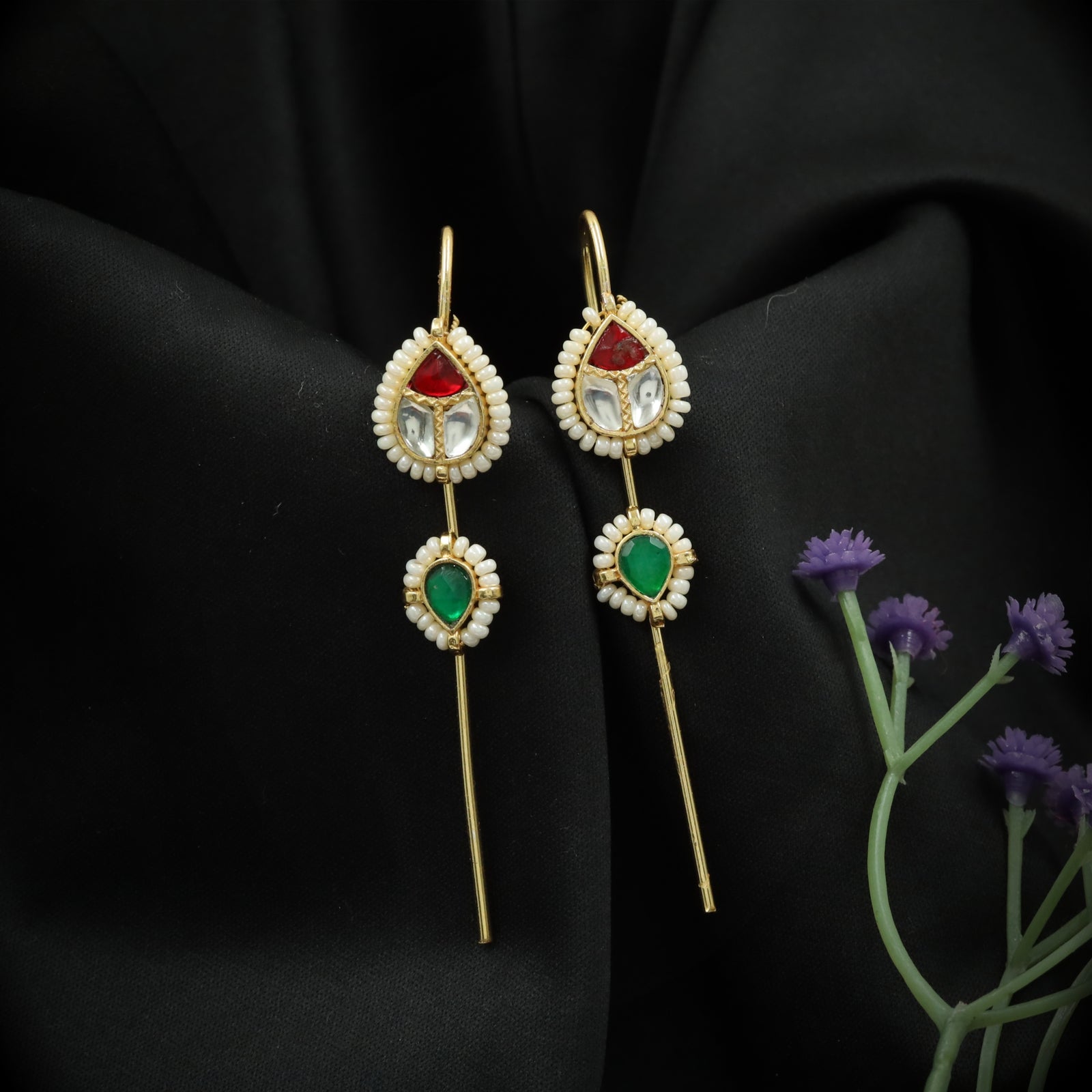 Teardrop Crest Jadau Needle Ear Cuff with Pearl Halo and Twin Stone Base