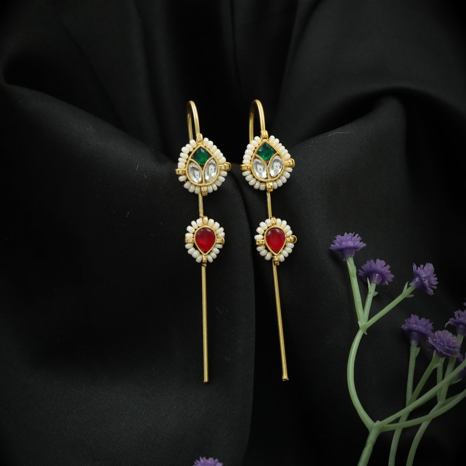 Twin Teardrop Jadau Needle Ear Cuff with Pearl Halo and Vertical Stem