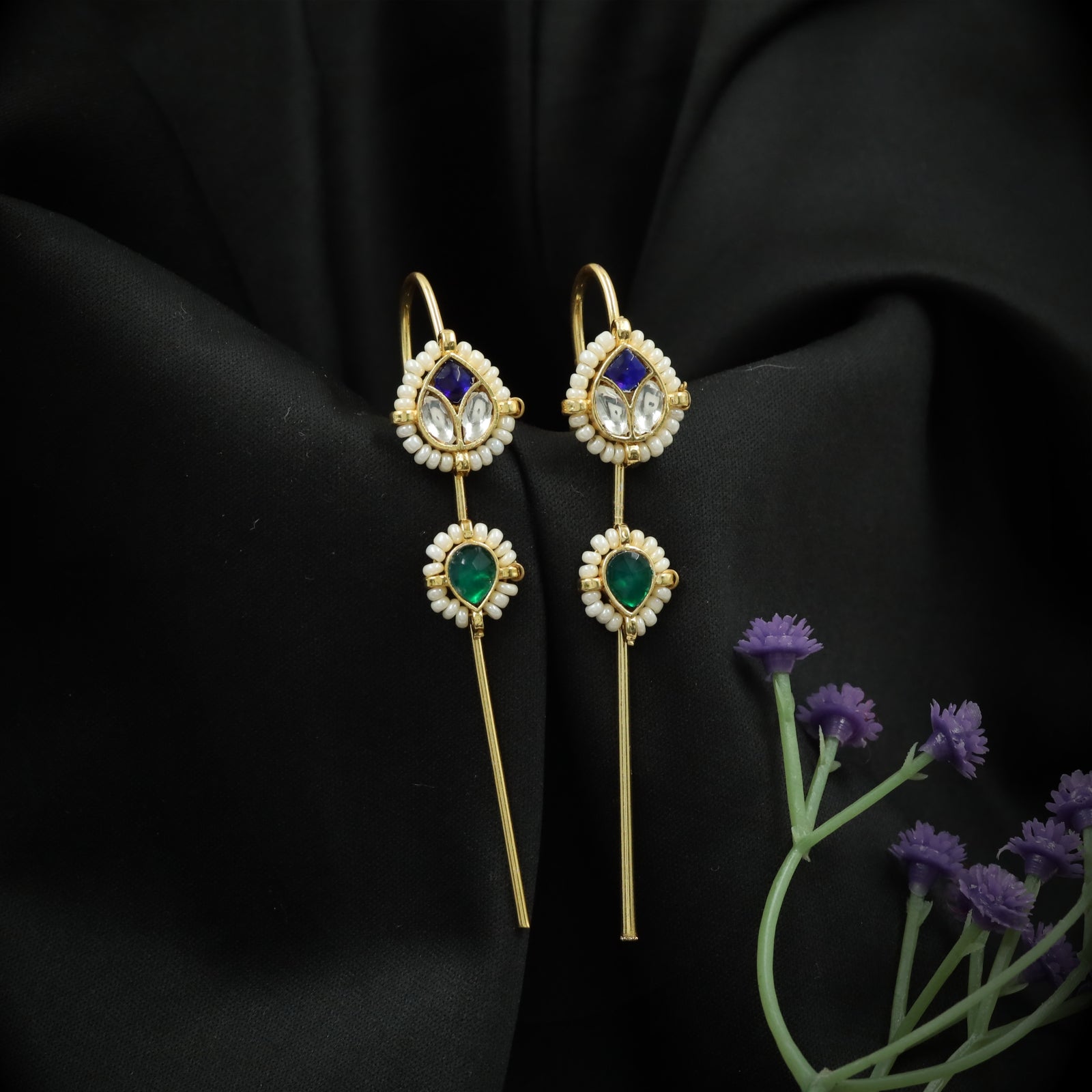 Twin Teardrop Jadau Needle Ear Cuff with Pearl Halo and Vertical Stem