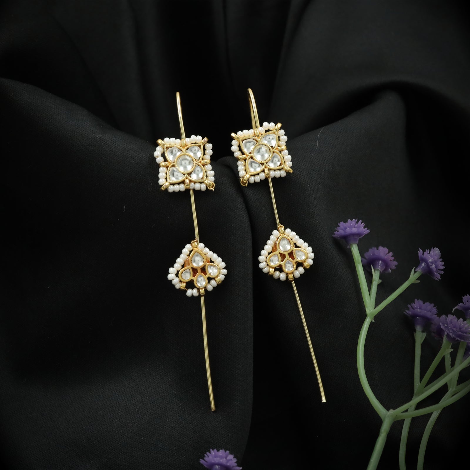 Square Panel Jadau Needle Ear Cuff with Floral Stone Grid and Pearl Border