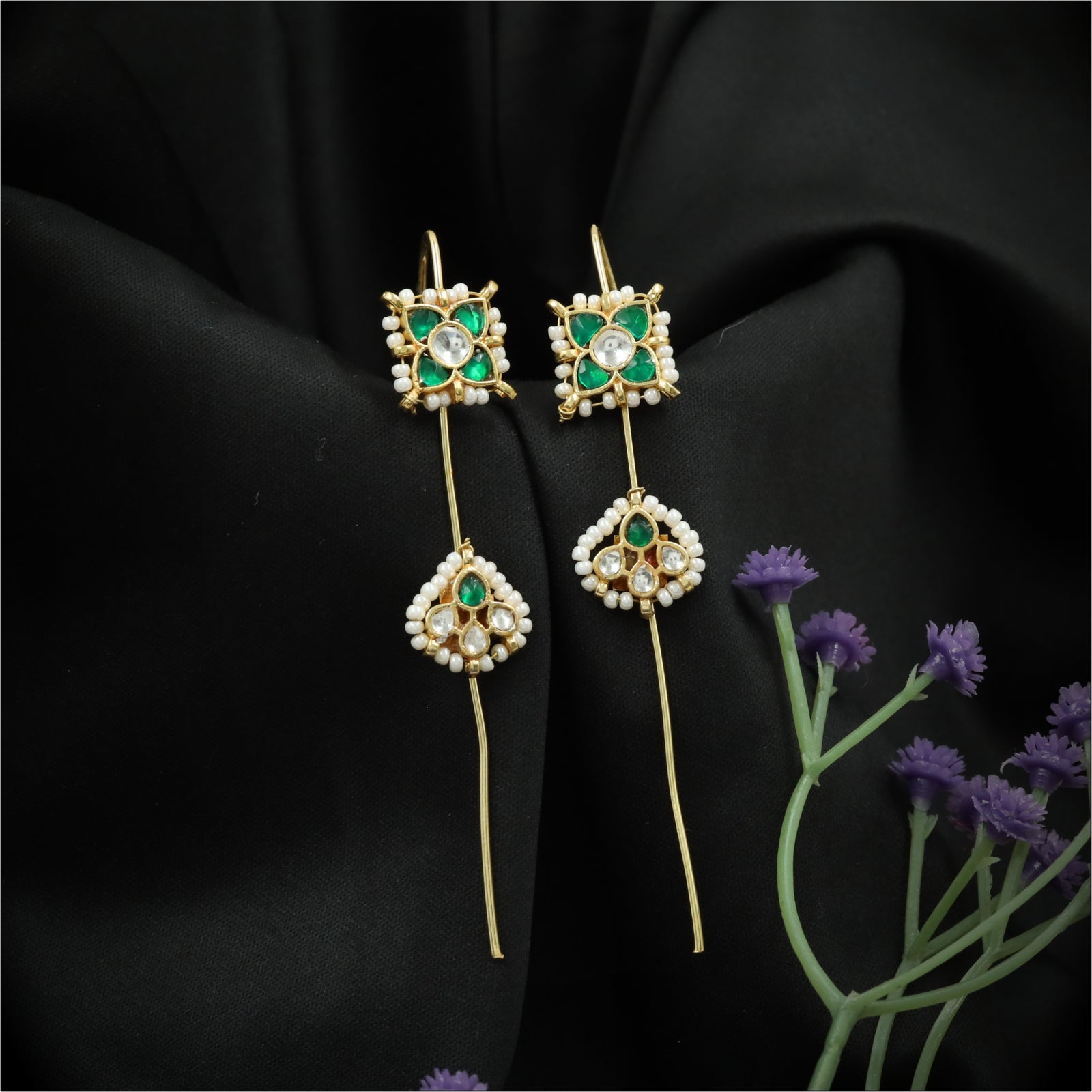 Square Panel Jadau Needle Ear Cuff with Floral Stone Grid and Pearl Border