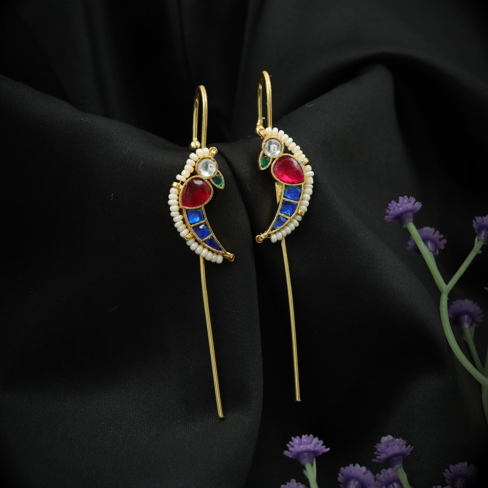 Arched Avian Parrot Jadau Needle Ear Cuff with Framed Gem Inlay
