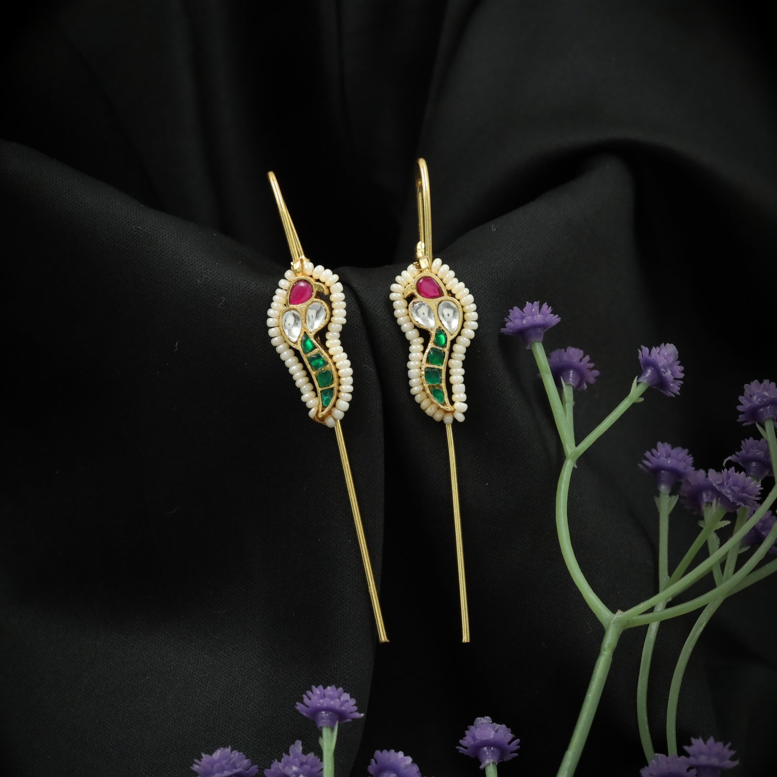 Decorative Parrot Outline Jadau Needle Ear Cuff with Vertical Needle Drop