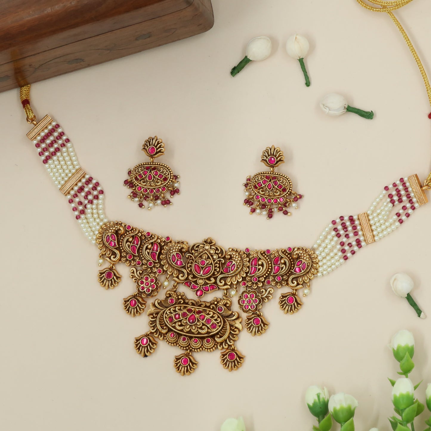 Grand Peacock Scrollwork Necklace with Oval Statement Pendant and Ornamental Hangings