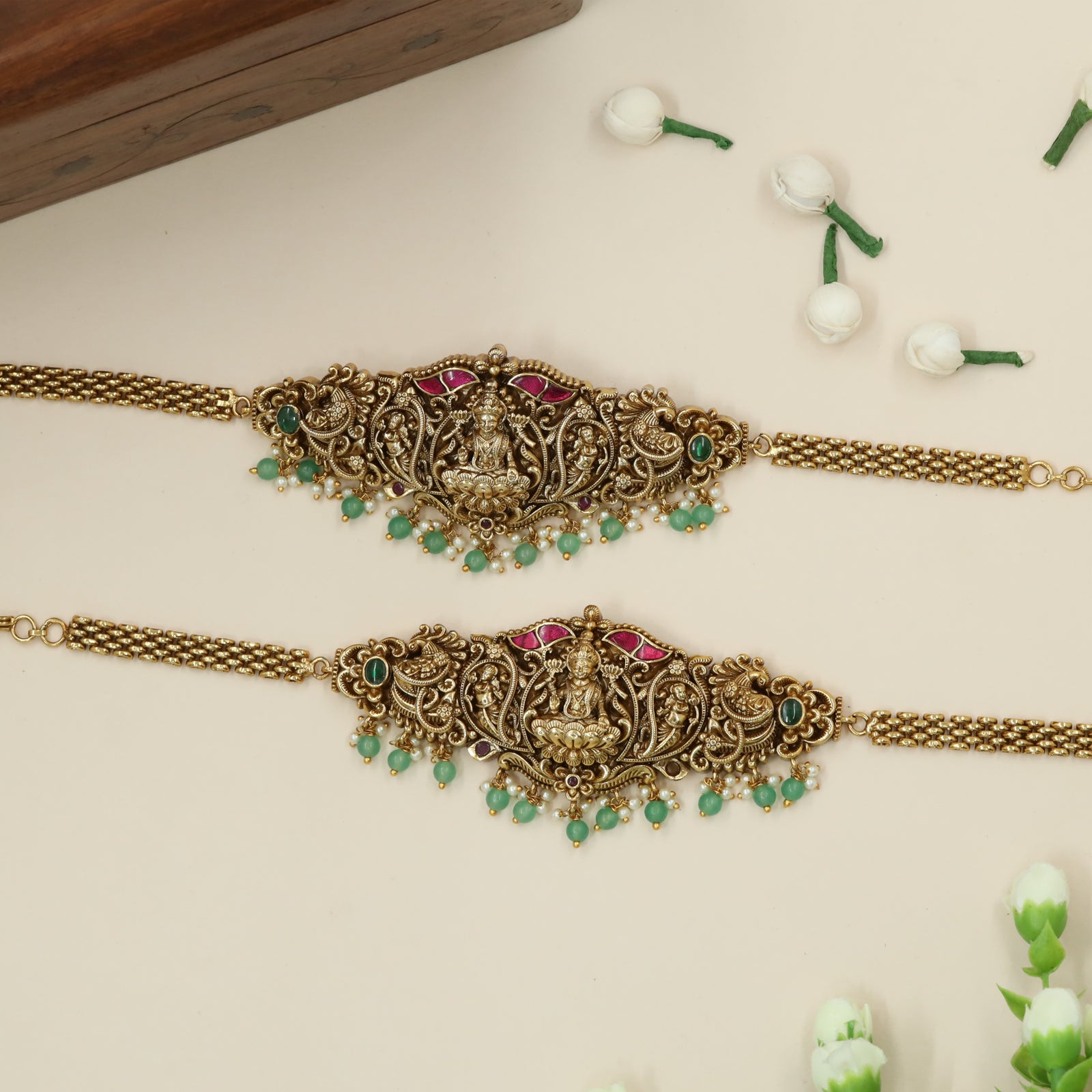 Divine Lakshmi Arch Baju Bandi with Twin Peacock Flourish and Bead Fringe