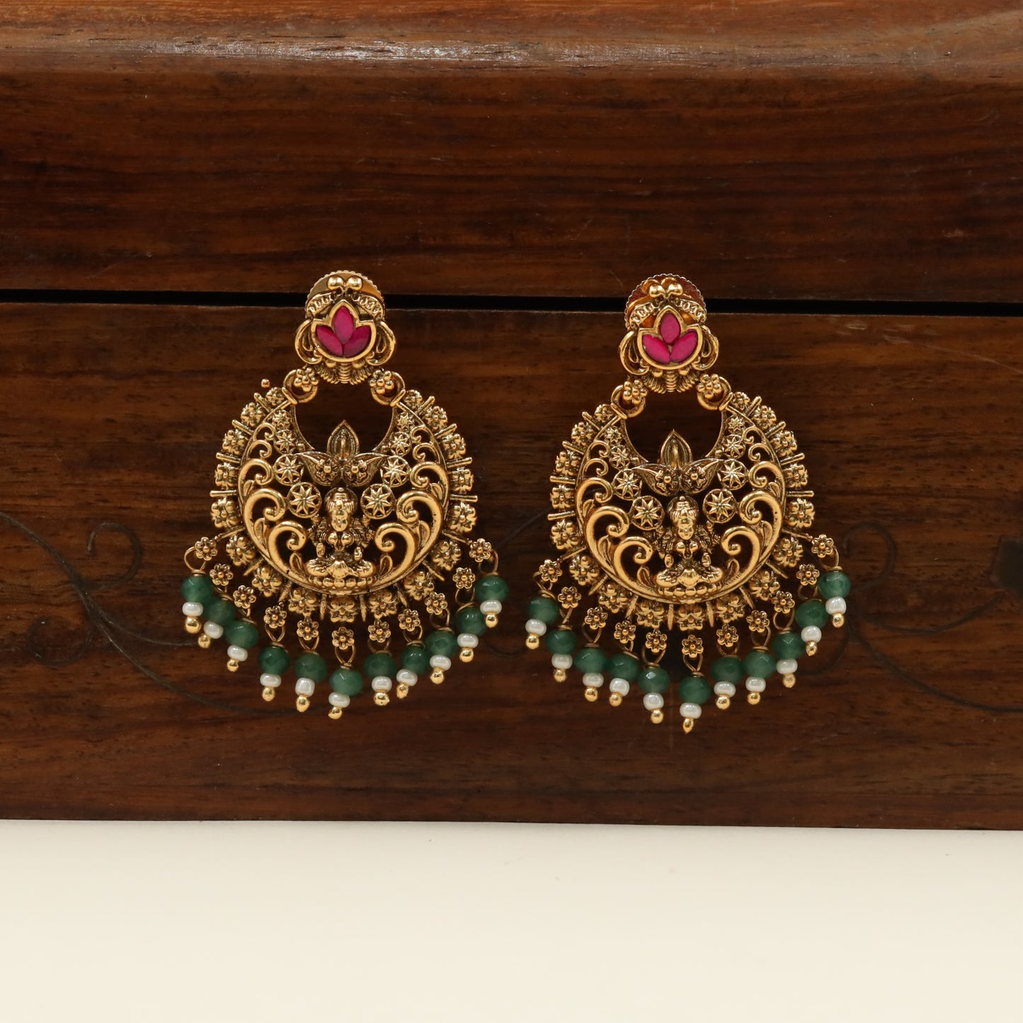 Temple Lakshmi Hanging with Crescent Frame and Green Beaded Fringe
