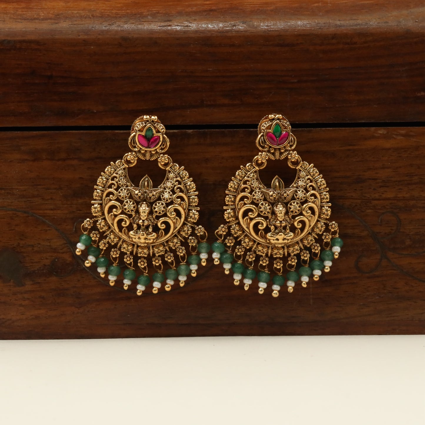 Temple Lakshmi Hanging with Crescent Frame and Green Beaded Fringe