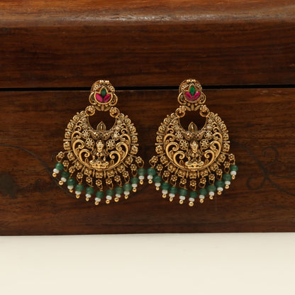Temple Lakshmi Hanging with Crescent Frame and Green Beaded Fringe