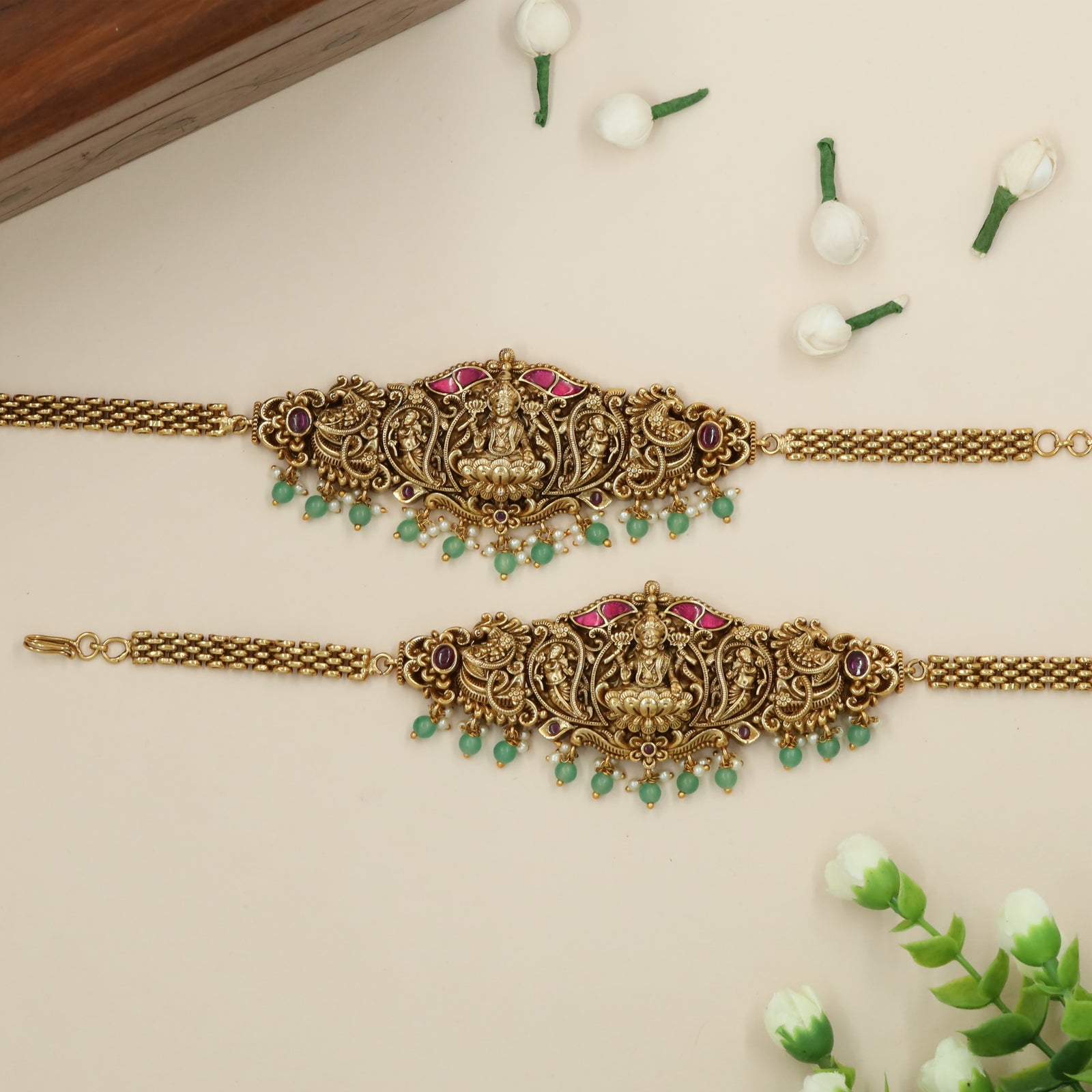 Divine Lakshmi Arch Baju Bandi with Twin Peacock Flourish and Bead Fringe