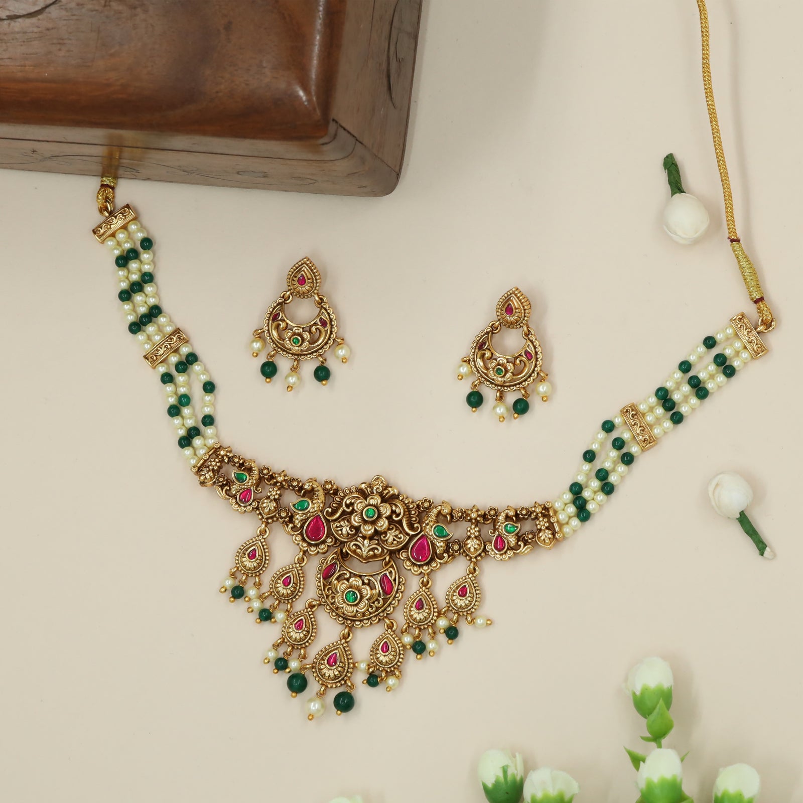 Floral Crest Drop Necklace With Teardrop Dangling Panels
