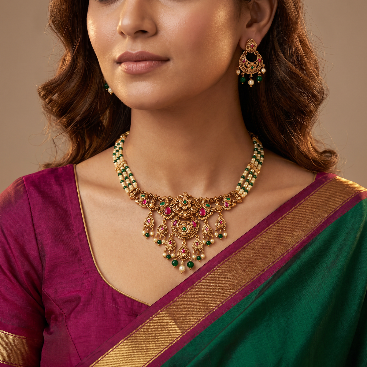 Floral Crest Drop Necklace With Teardrop Dangling Panels