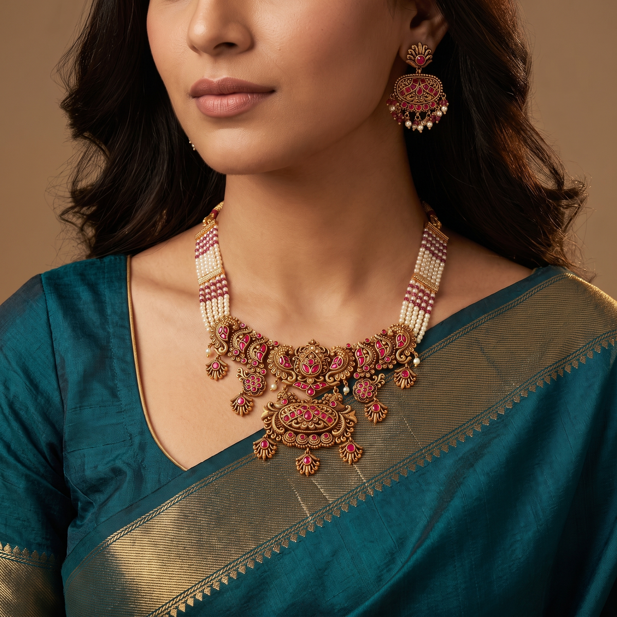 Grand Peacock Scrollwork Necklace with Oval Statement Pendant and Ornamental Hangings