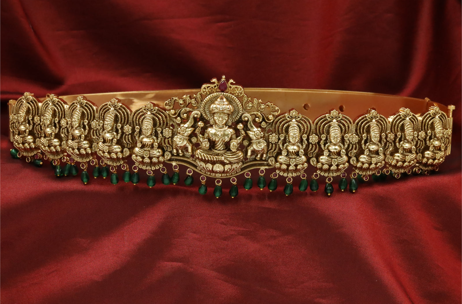 Ashta Lakshmi Inspired Relief Waist Dabu with Emerald Drop Fringe