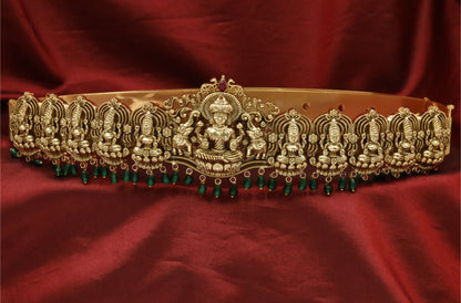 Ashta Lakshmi Inspired Relief Waist Dabu with Emerald Drop Fringe