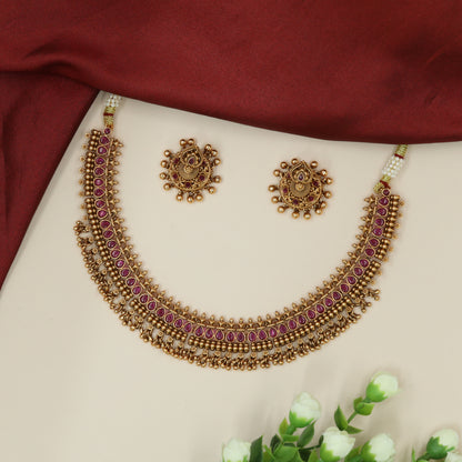 Decorative Teardrop Panel Necklace with Dense Granule Work