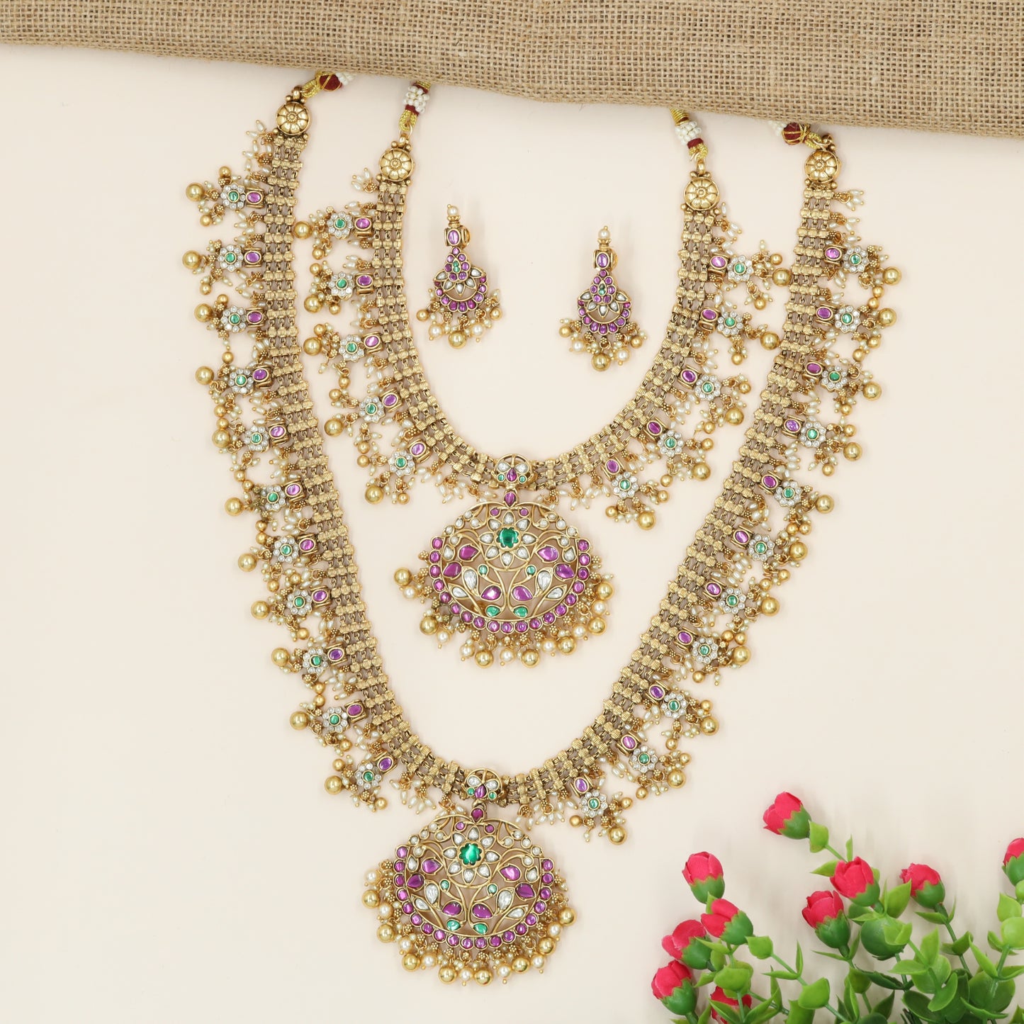 Grand Floral Mesh Link Combo Set with Dual Stone Disc Haara