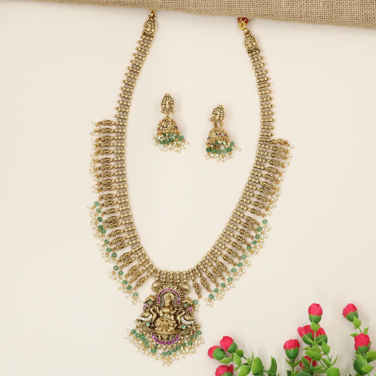 Lakshmi Padmasana Long Haara with Twin Peacock Crest and Jade Pearl Fringe