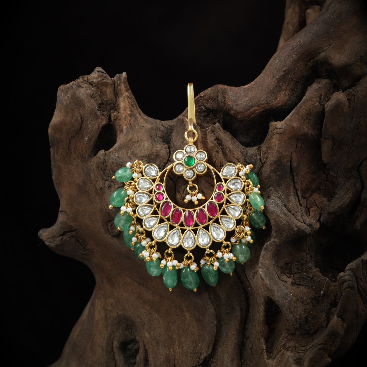 Floral Studded Crest Jadau Tikka with Crescent Base Design