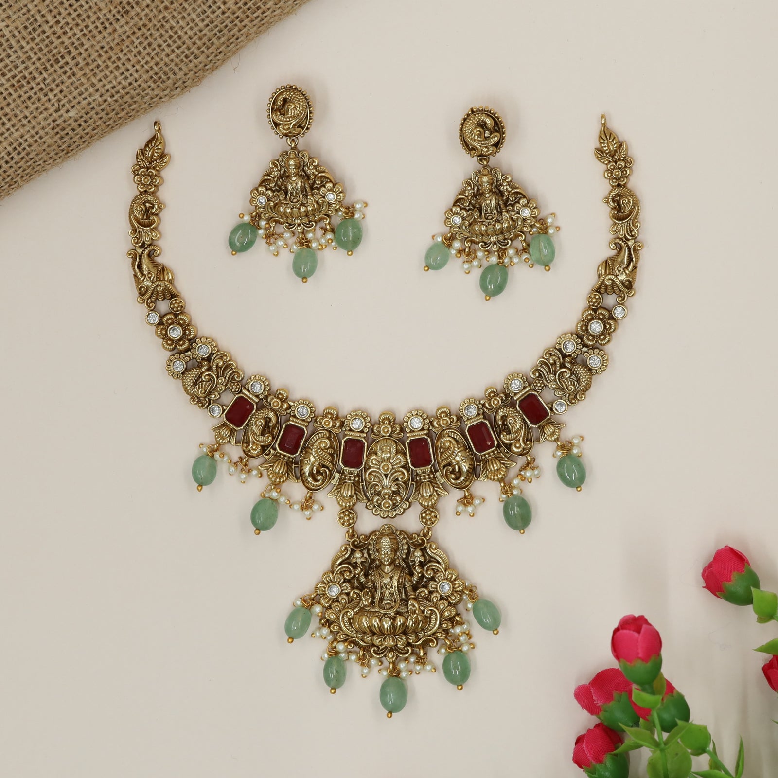 Sacred Lotus-Seated Lakshmi Centrepiece Necklace with Gem Panels and Drop Bead Fringe