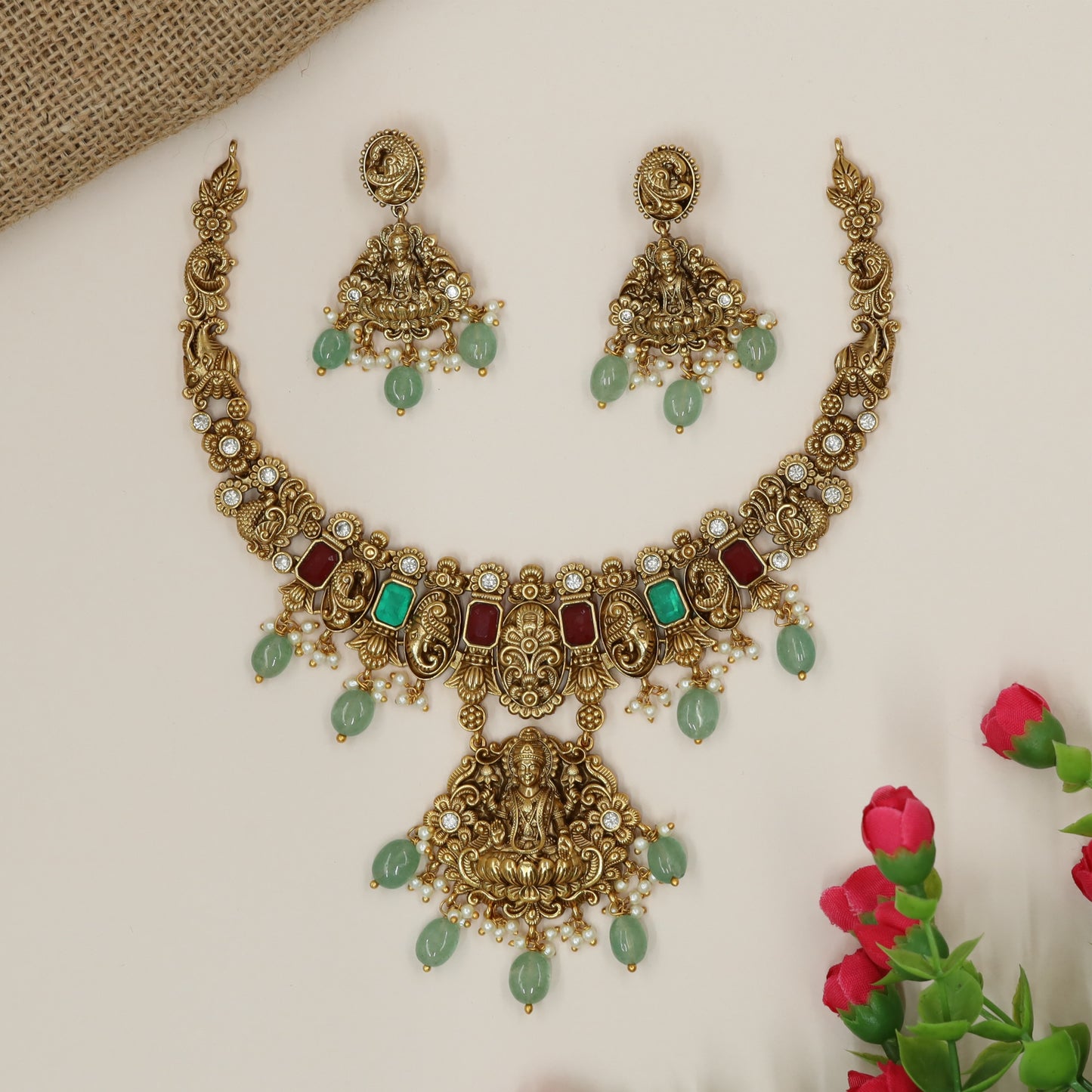 Sacred Lotus-Seated Lakshmi Centrepiece Necklace with Gem Panels and Drop Bead Fringe