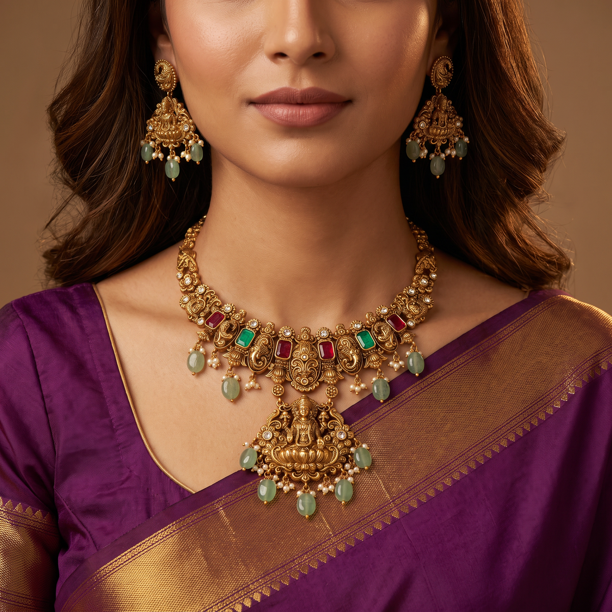 Sacred Lotus-Seated Lakshmi Centrepiece Necklace with Gem Panels and Drop Bead Fringe