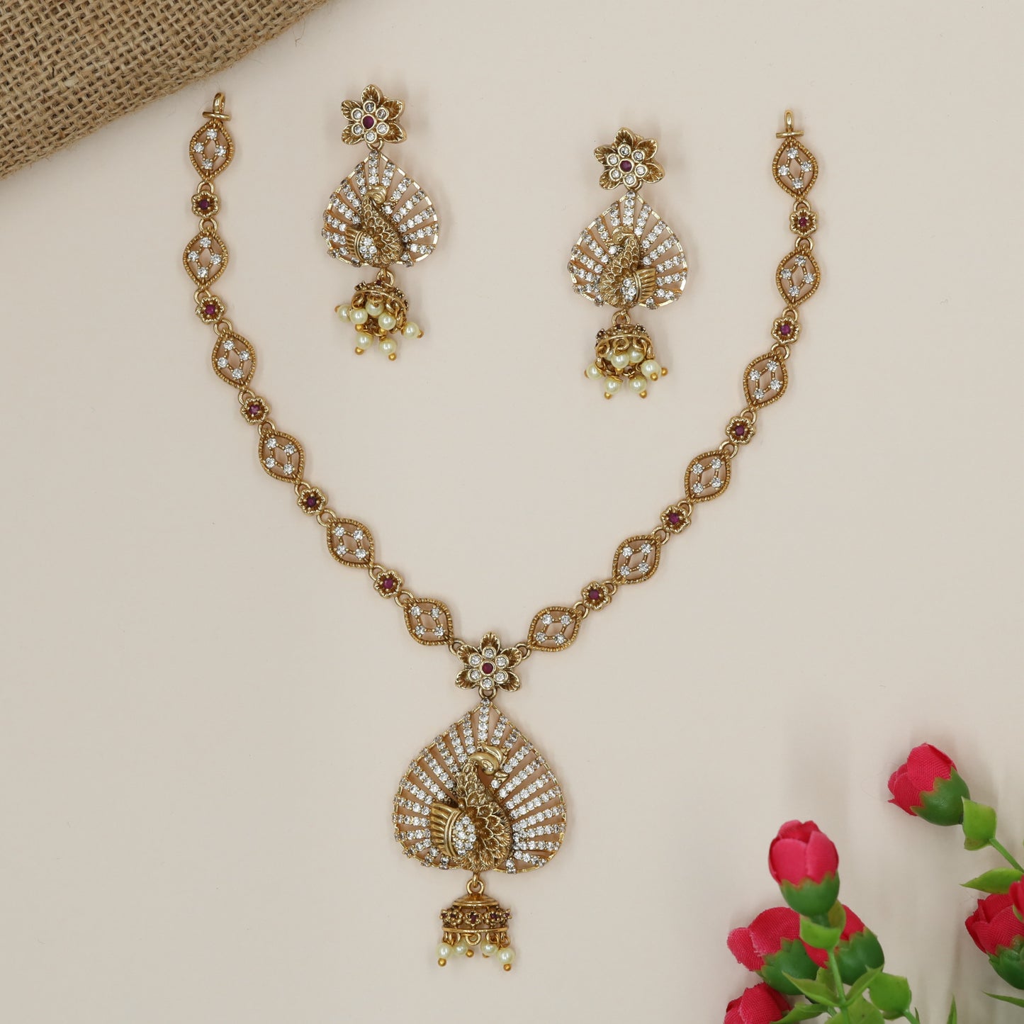 Sculpted Peacock Plume Medallion Necklace with Openwork Link Chain
