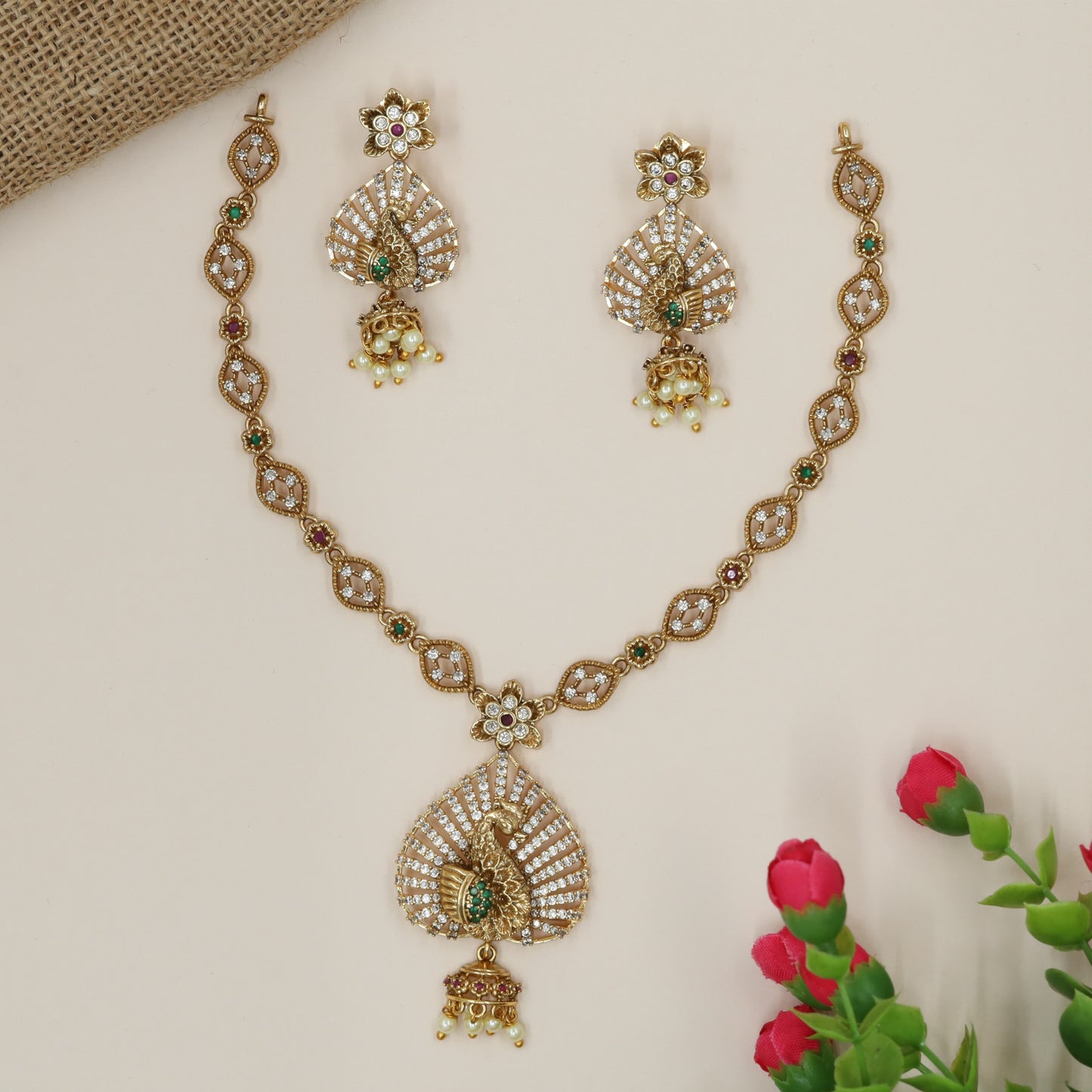 Sculpted Peacock Plume Medallion Necklace with Openwork Link Chain