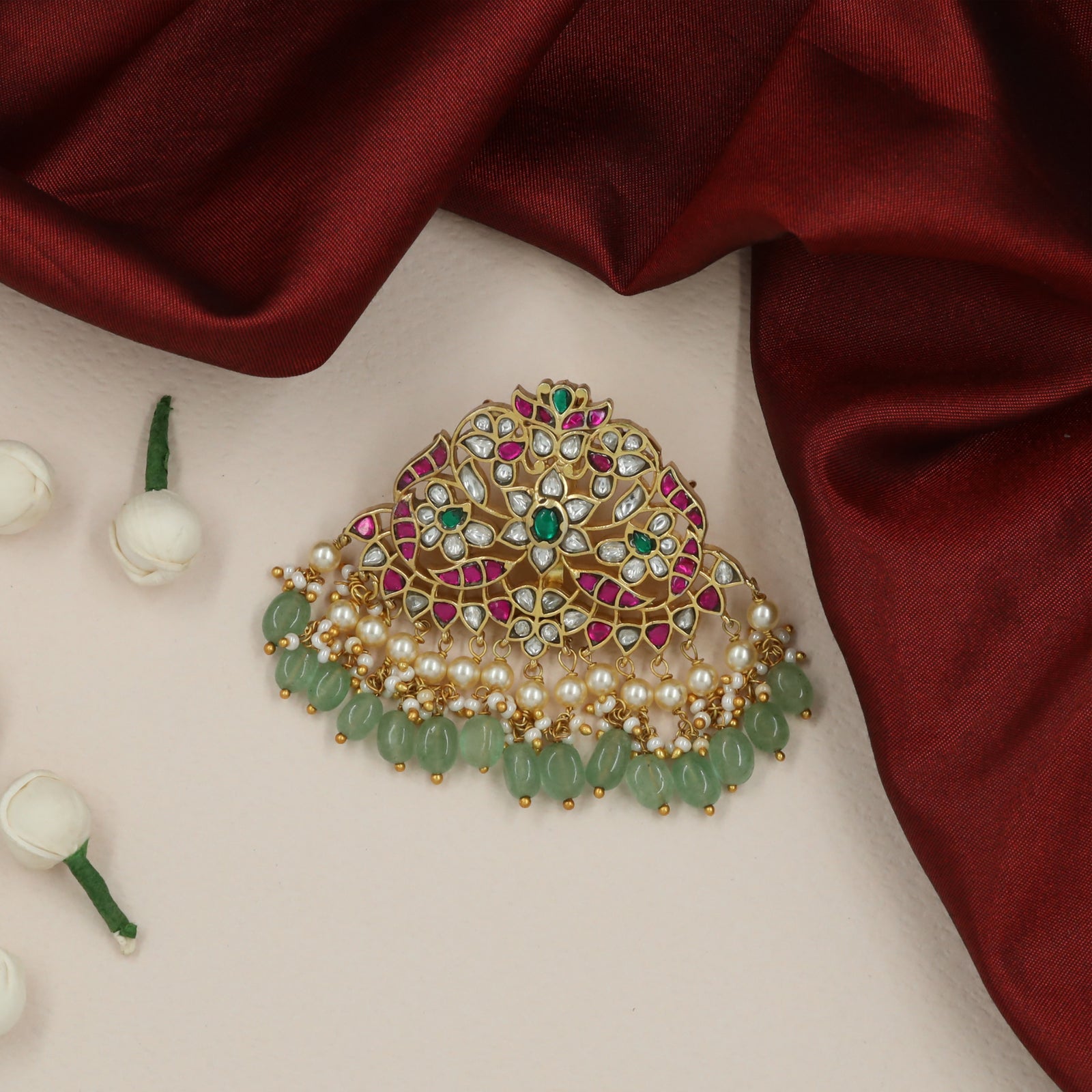 Arched Floral Pendant with Central Emerald Accent and Pearl Jade Fringe