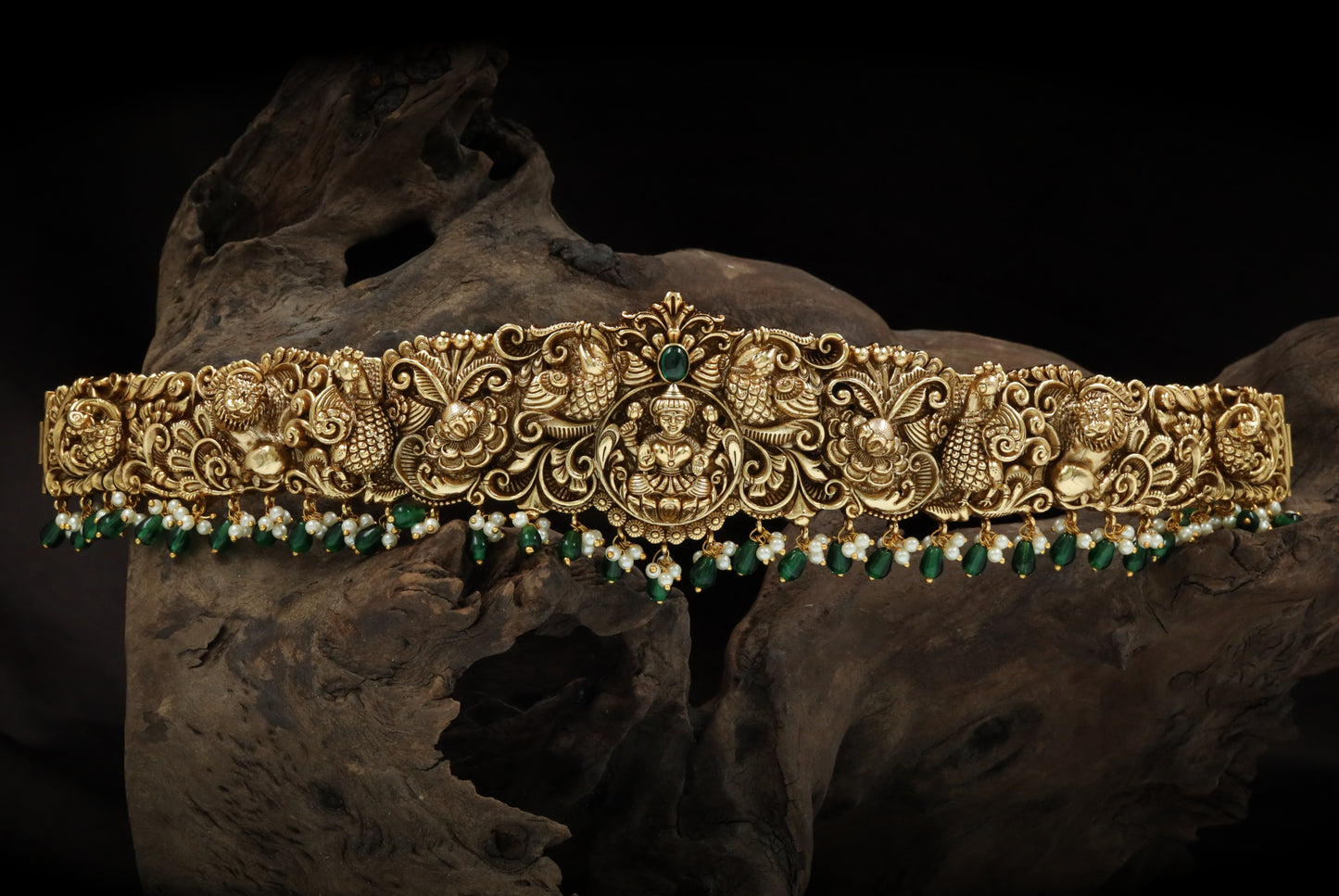 Temple Lakshmi Medallion Dabu with Twin Peacock Guardians and Emerald Drop Fringe