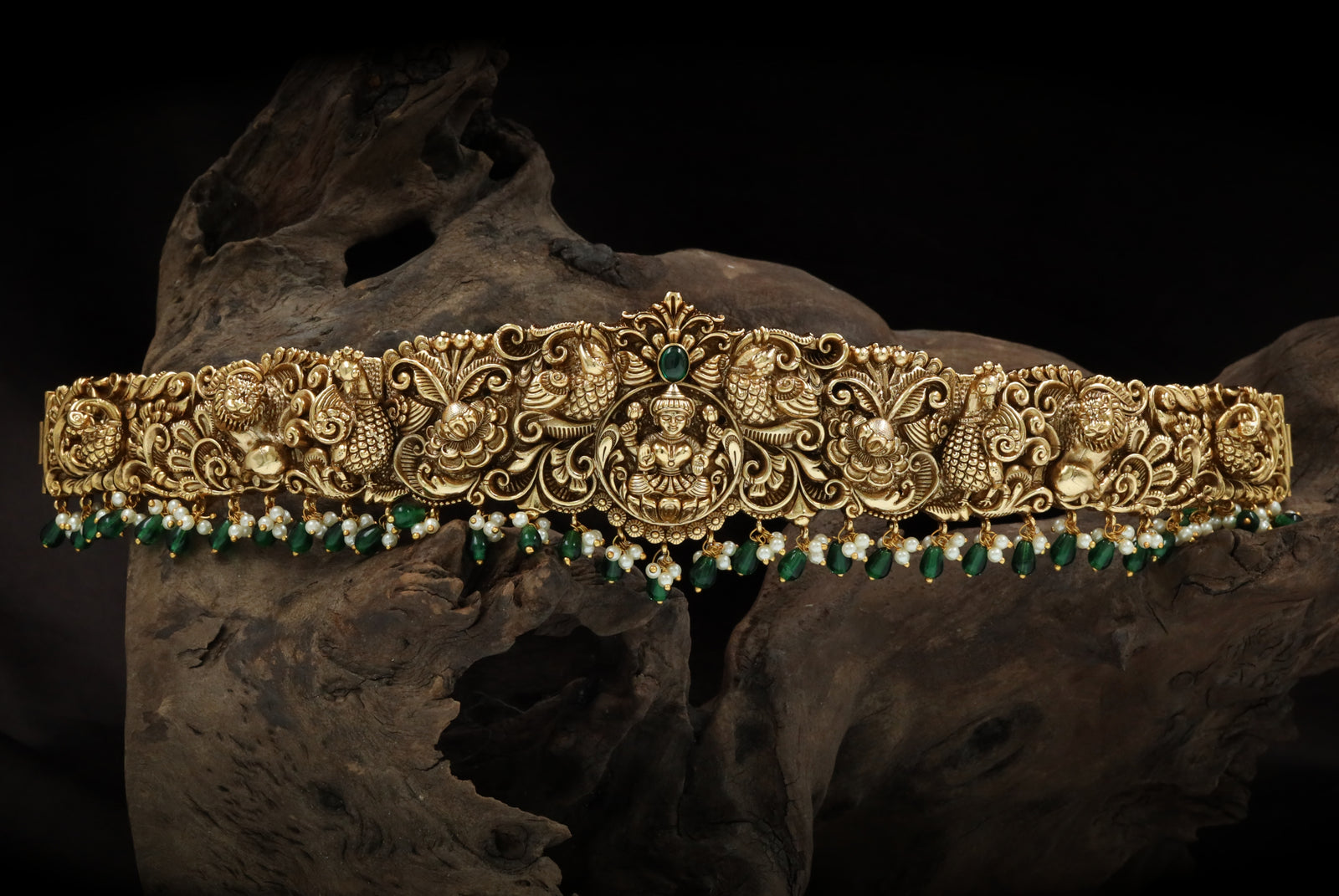 Temple Lakshmi Medallion Dabu with Twin Peacock Guardians and Emerald Drop Fringe