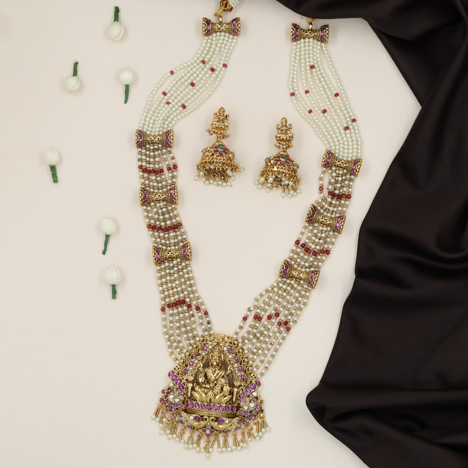 Divine Simhasana Royal Court Lakshmi Beaded Long Necklace with Sculpted Floral Borders