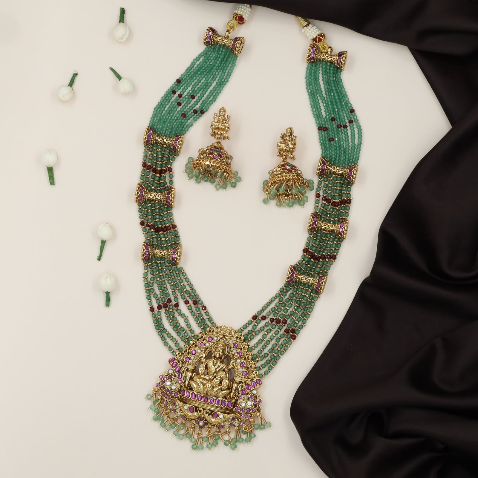 Divine Simhasana Royal Court Lakshmi Beaded Long Necklace with Sculpted Floral Borders