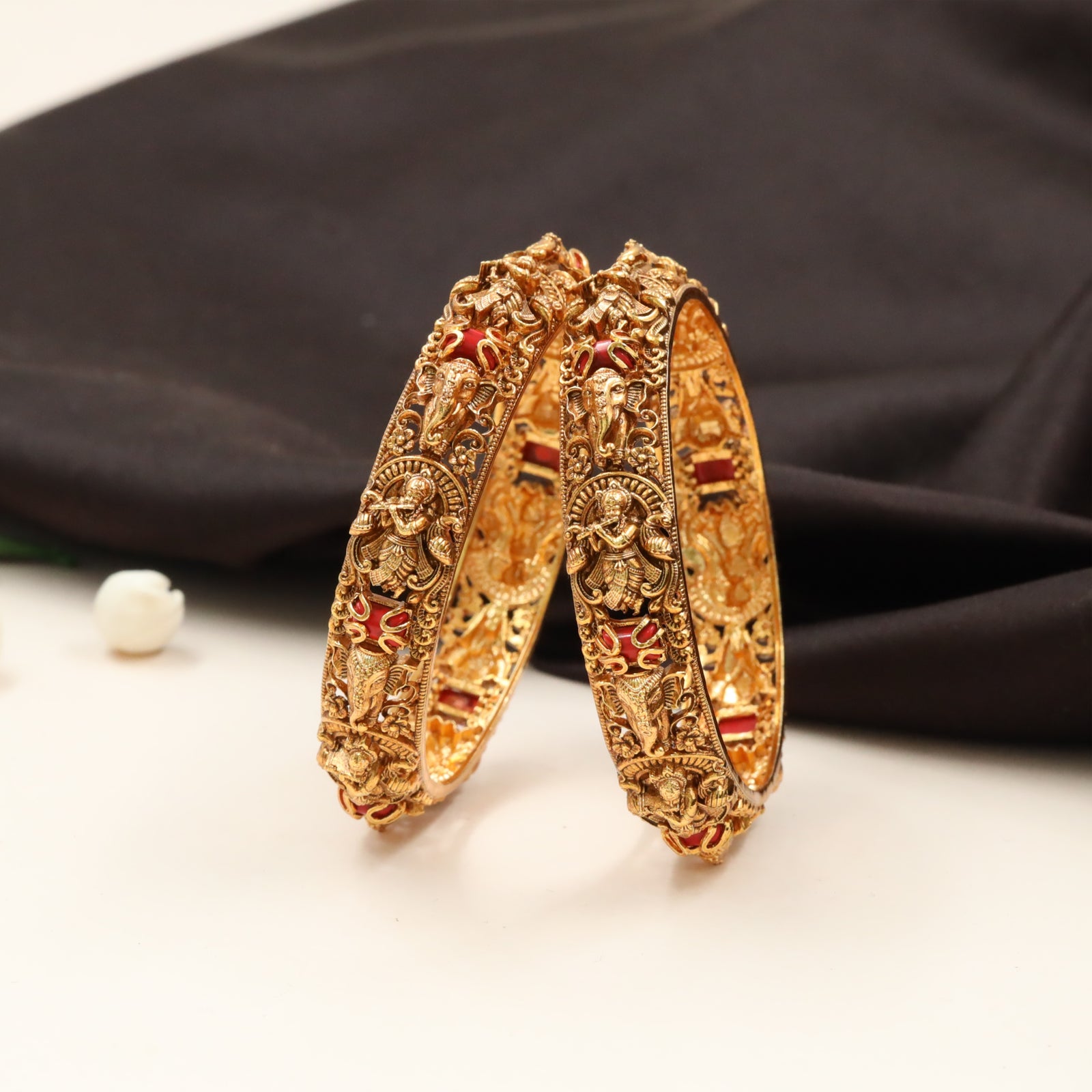 Flute Playing Krishna Relief Bangles with Elephant Crowns