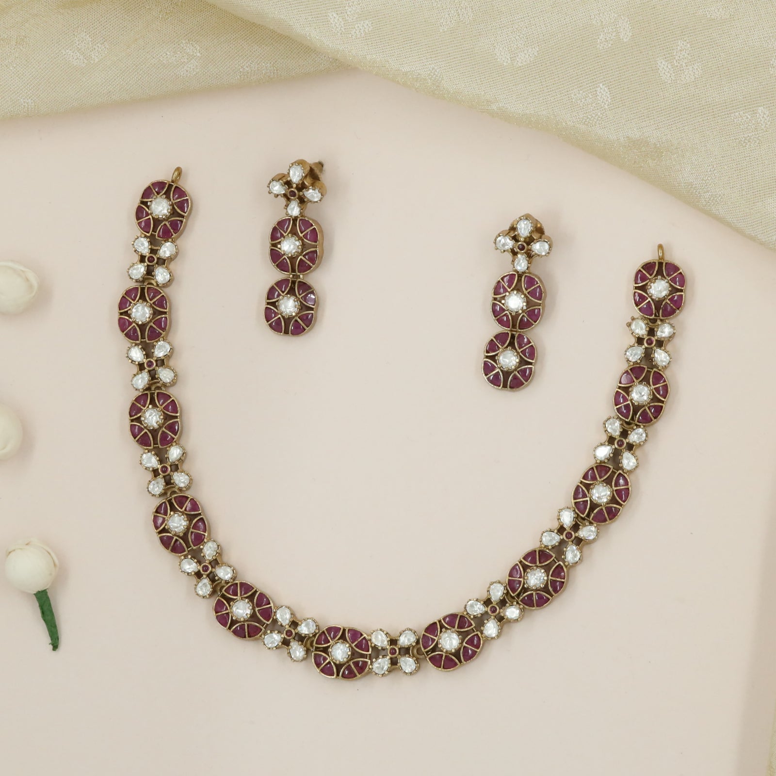 Victorian Rosette Link Necklace with White Stone Floral Connectors