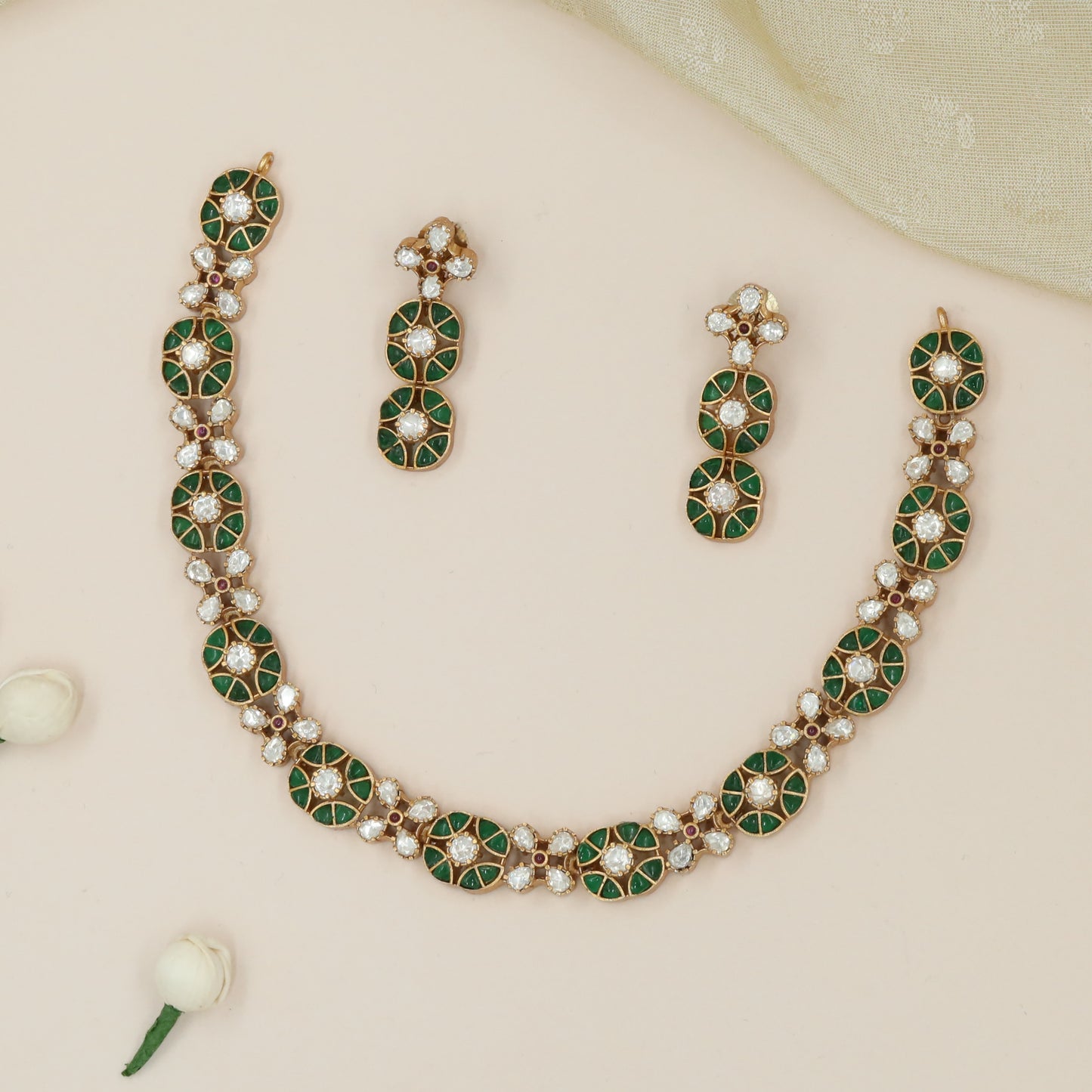 Circular Stone Panel Necklace with Alternating Blossom Junctions