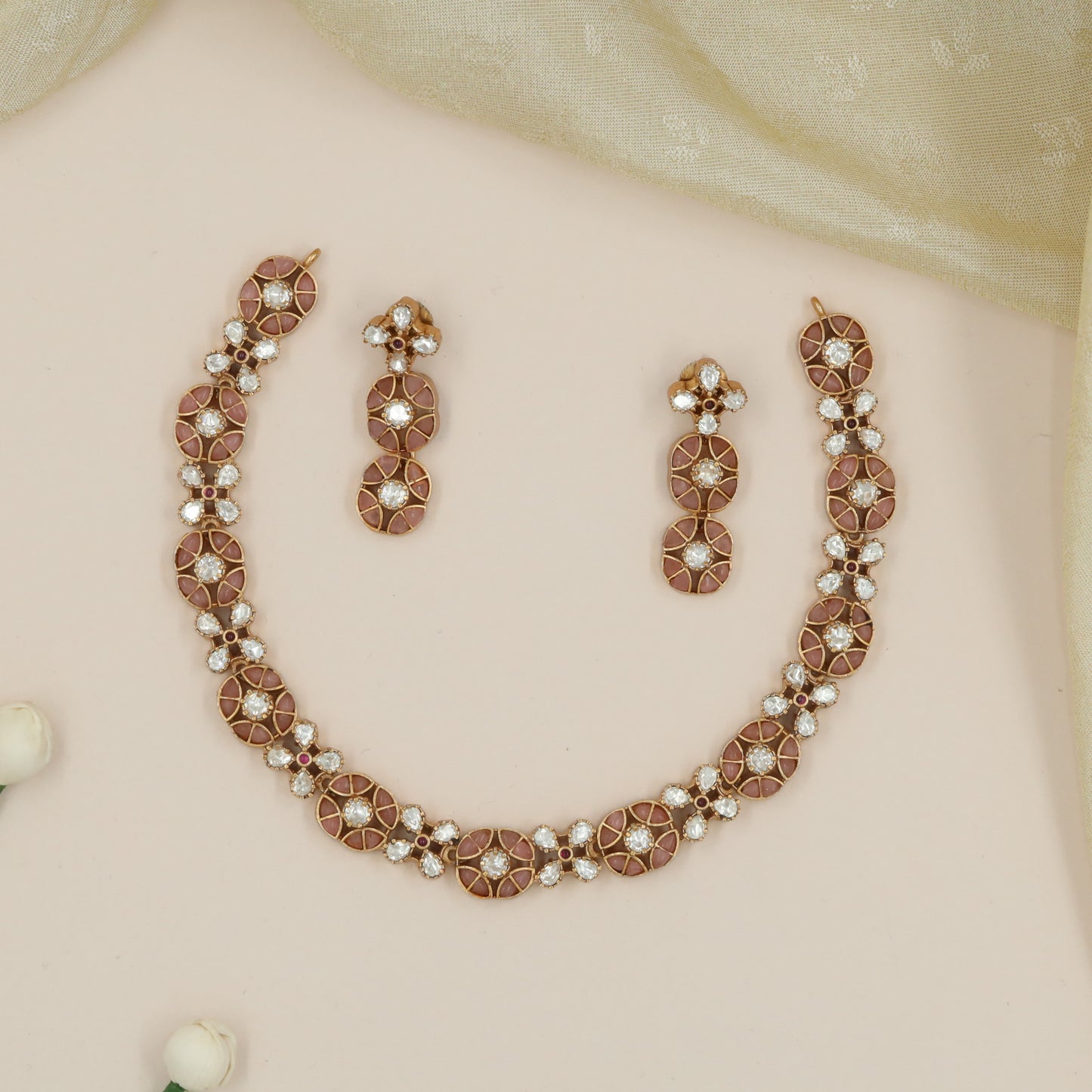 Circular Stone Panel Necklace with Alternating Blossom Junctions