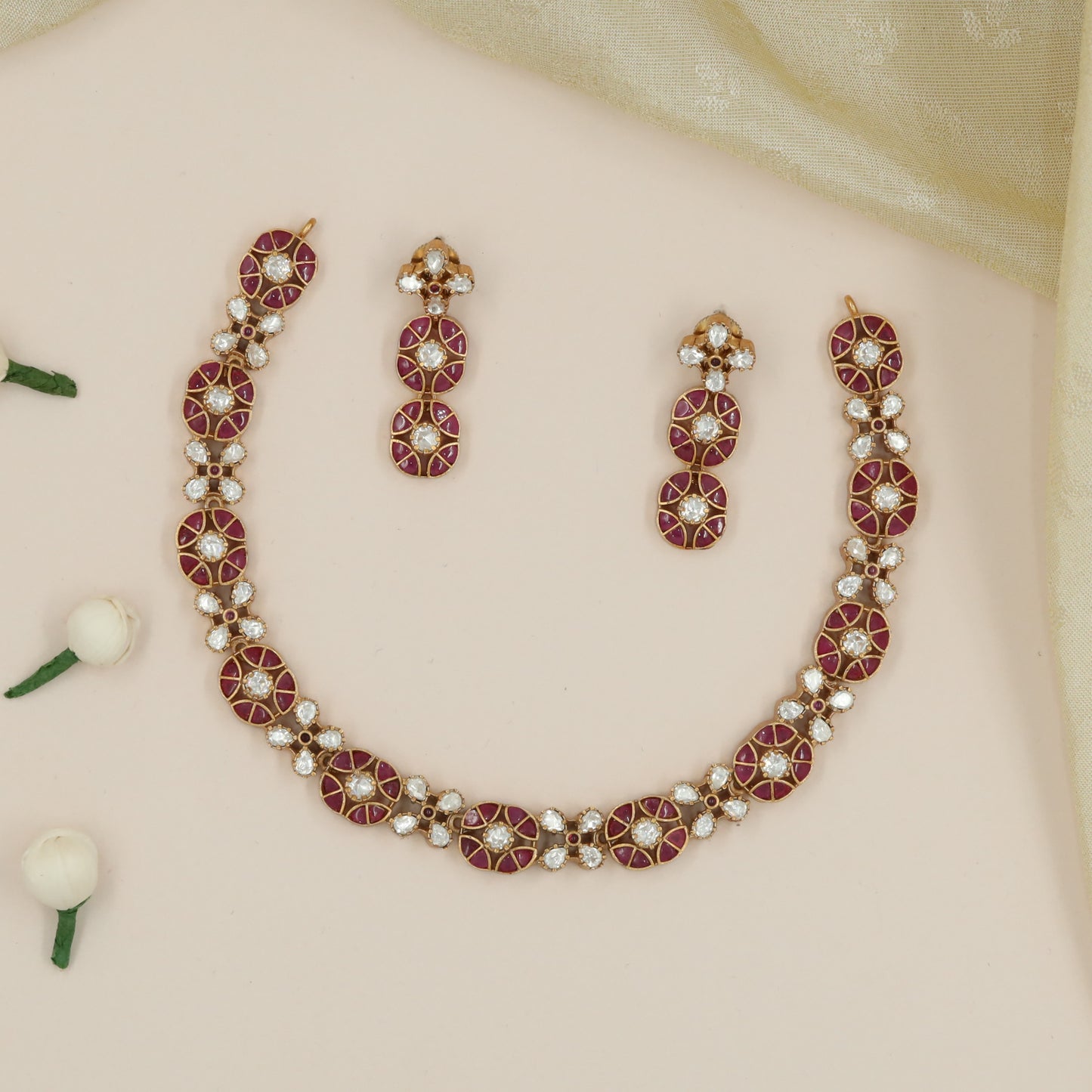 Circular Stone Panel Necklace with Alternating Blossom Junctions