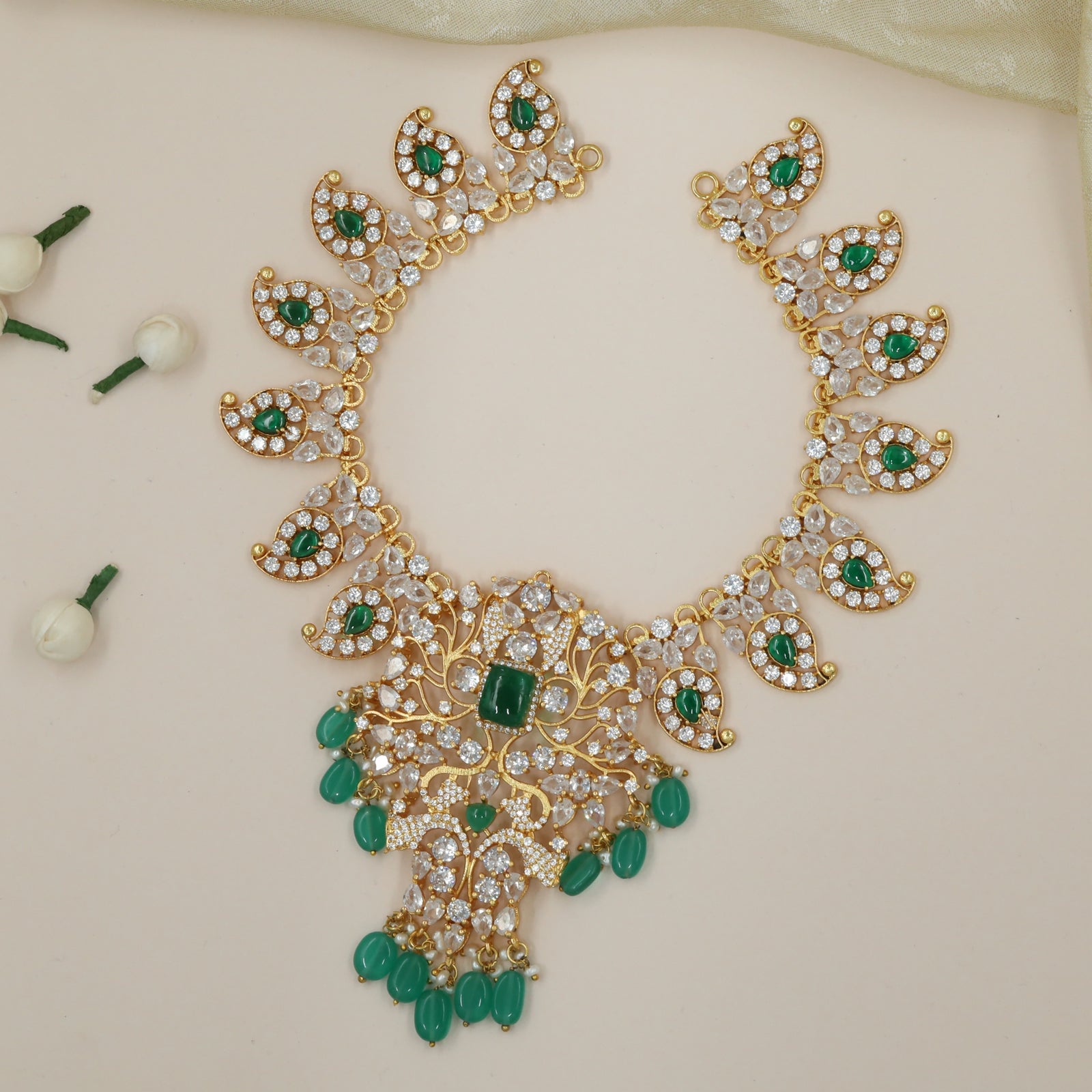 Royal Mango Link Necklace With Architectural Centre And Hanging Drops