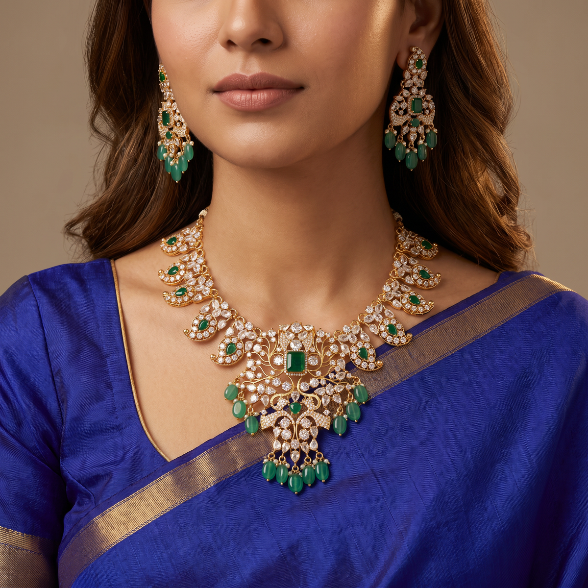Royal Mango Link Necklace With Architectural Centre And Hanging Drops