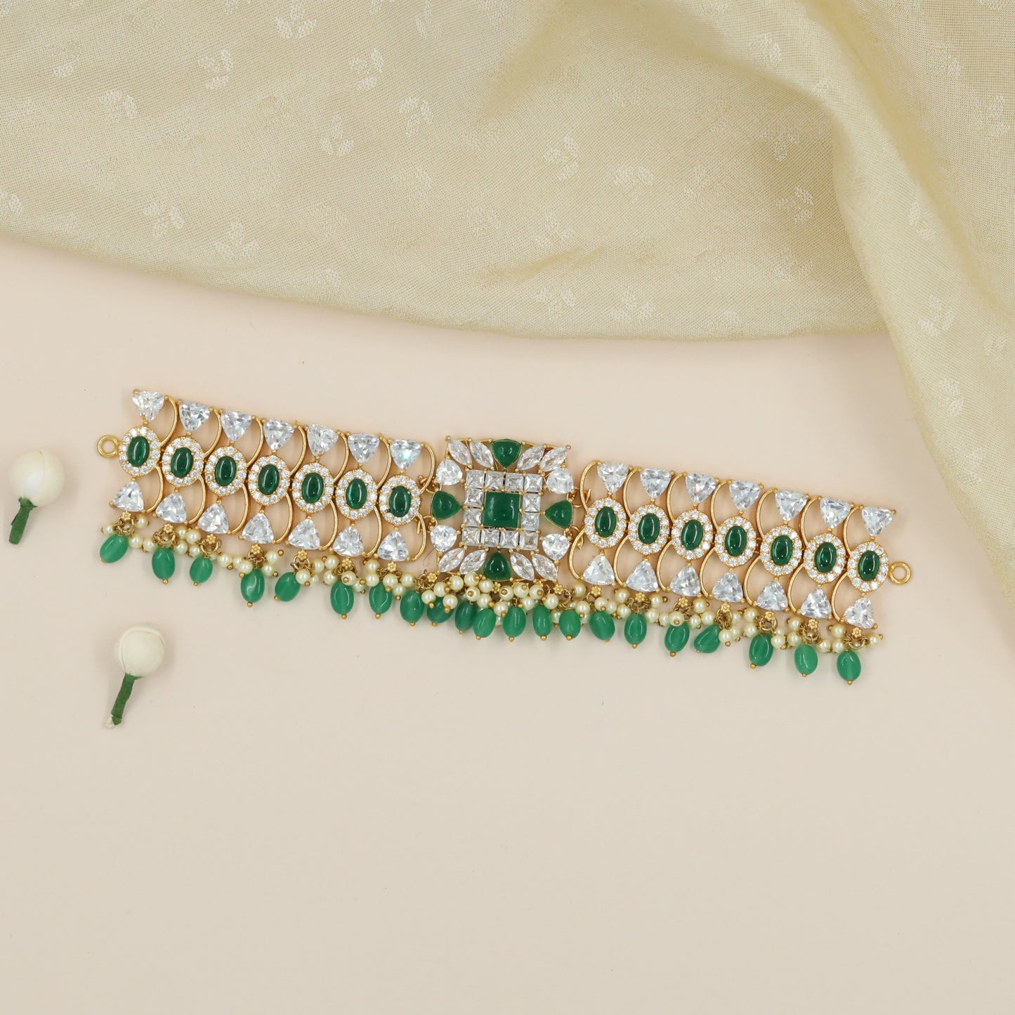 Gold Polish Choker Featuring Oval Emerald Halos and Triangle Accents