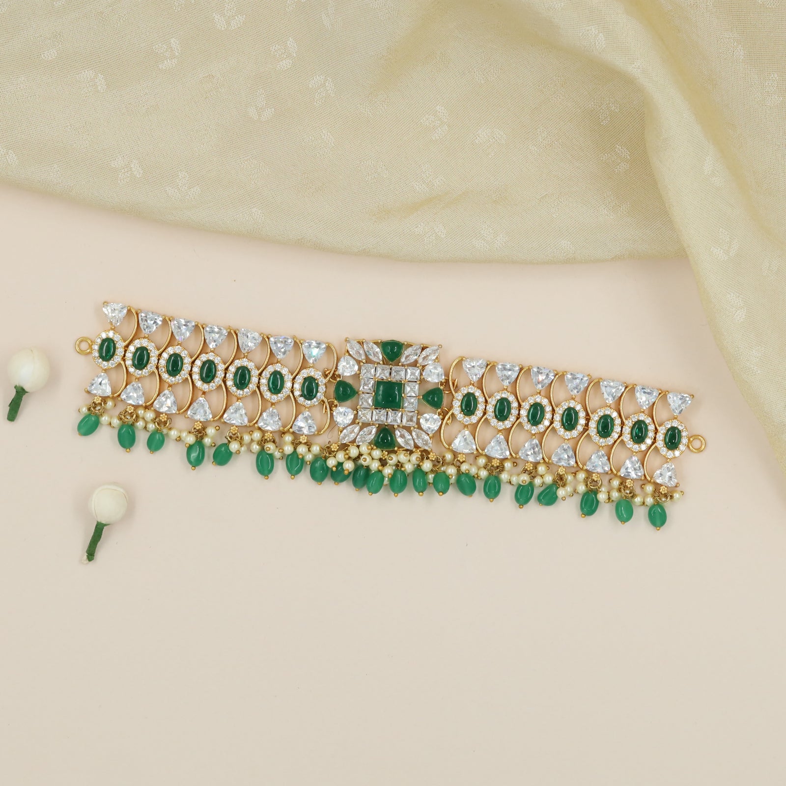 Gold Polish Choker Featuring Oval Emerald Halos and Triangle Accents