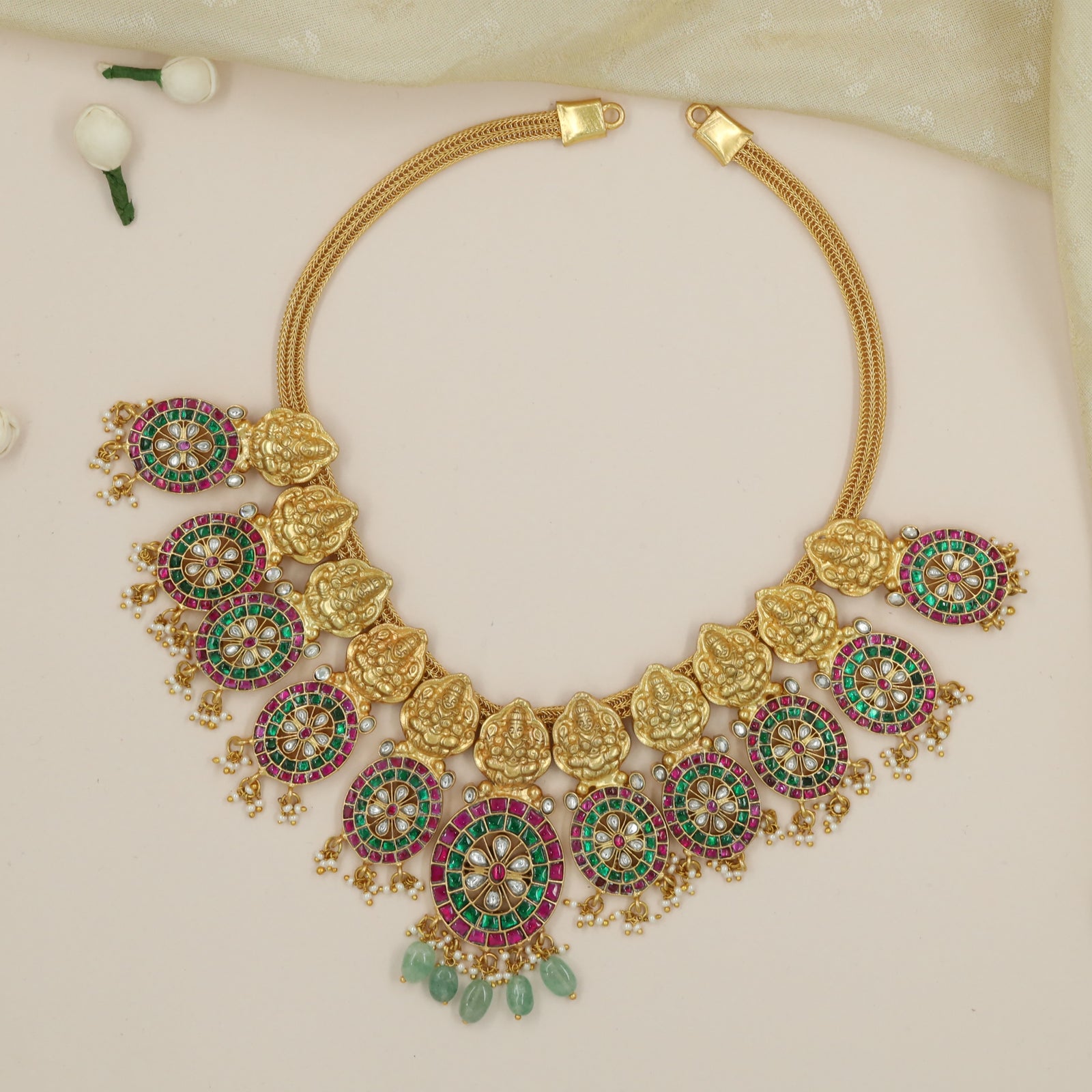 Lakshmi Bust Panel Necklace with Radial Stone Medallion Drops