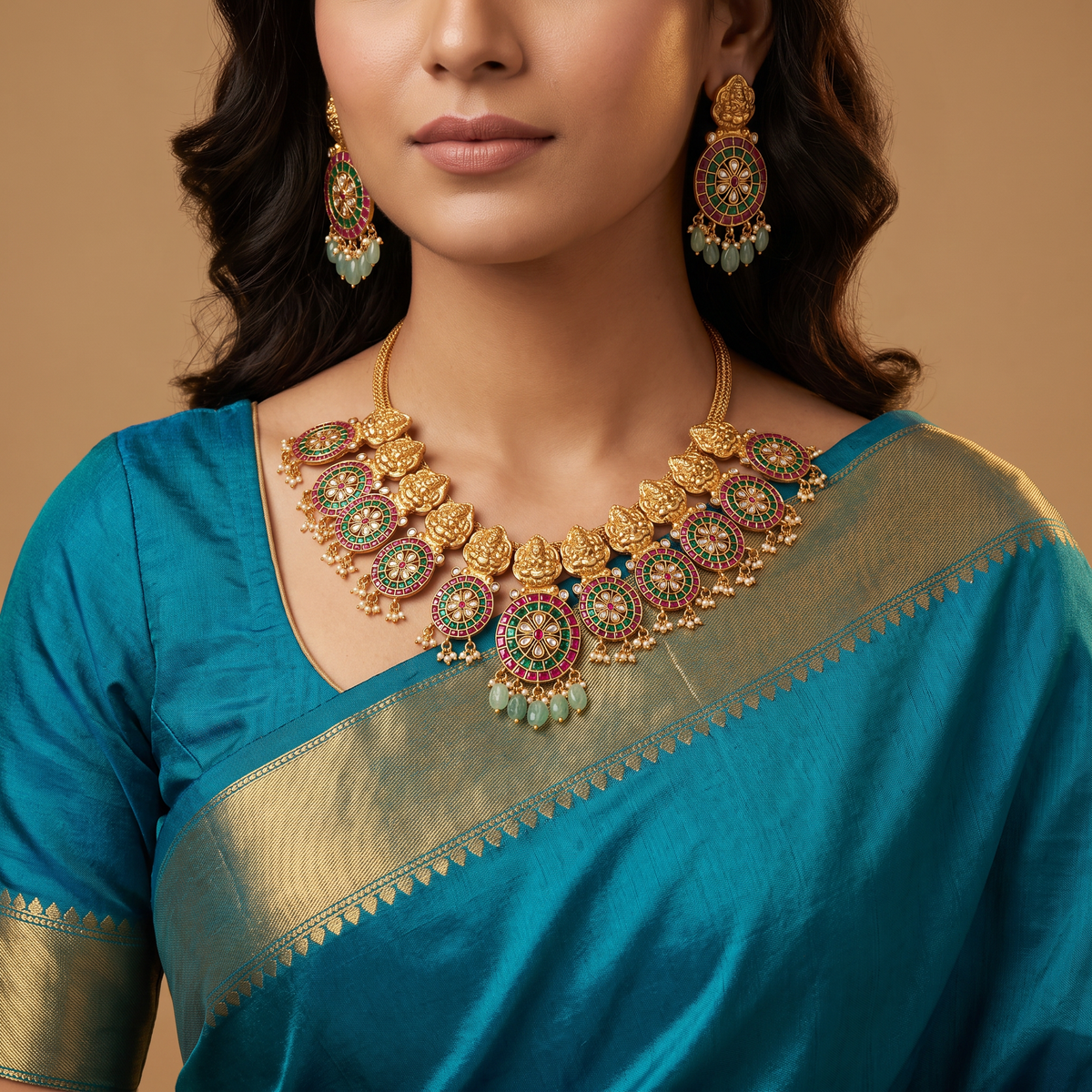 Lakshmi Bust Panel Necklace with Radial Stone Medallion Drops