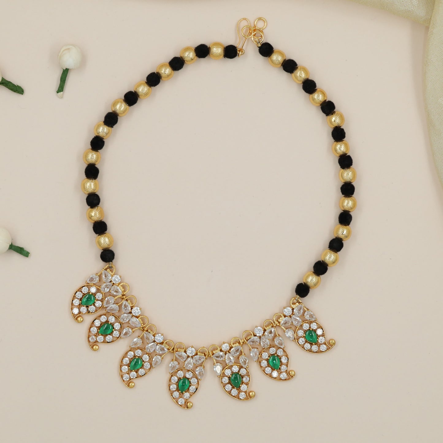 Gold Polish Bead Chain with Cascading Mango Form Danglers