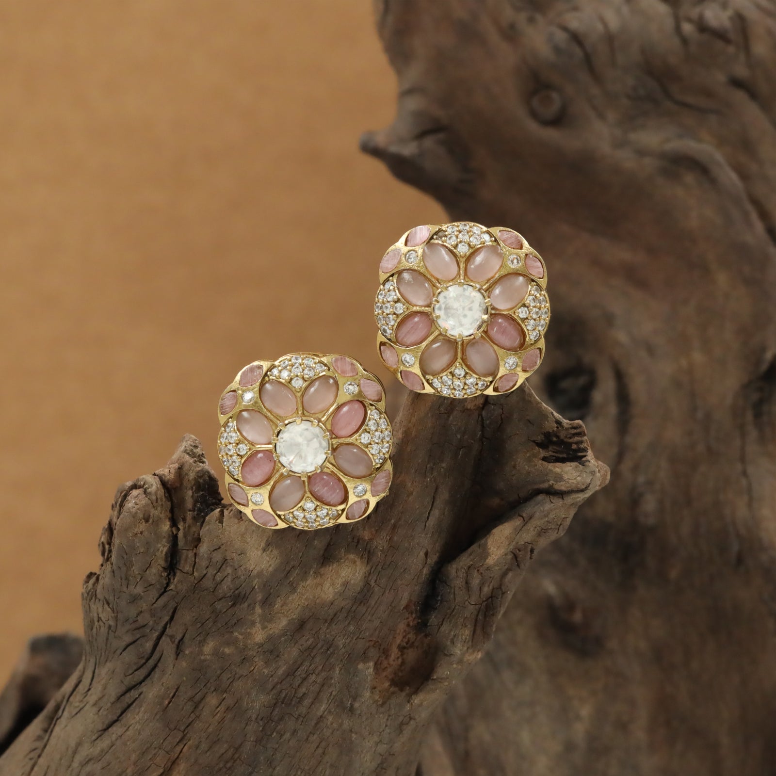 Floral Mosaic Stud Earrings with Encircled Crystal Border
