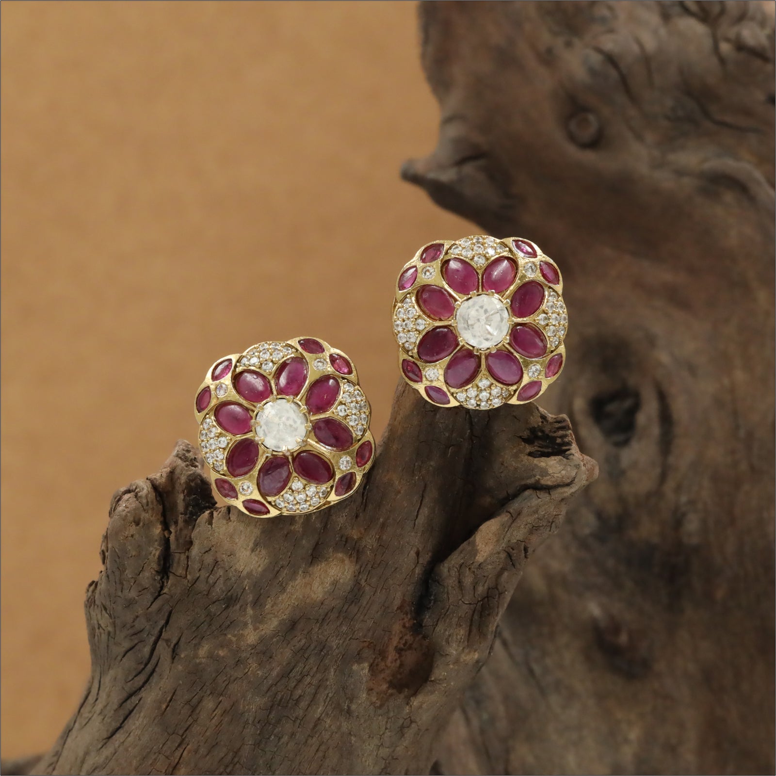 Floral Mosaic Stud Earrings with Encircled Crystal Border