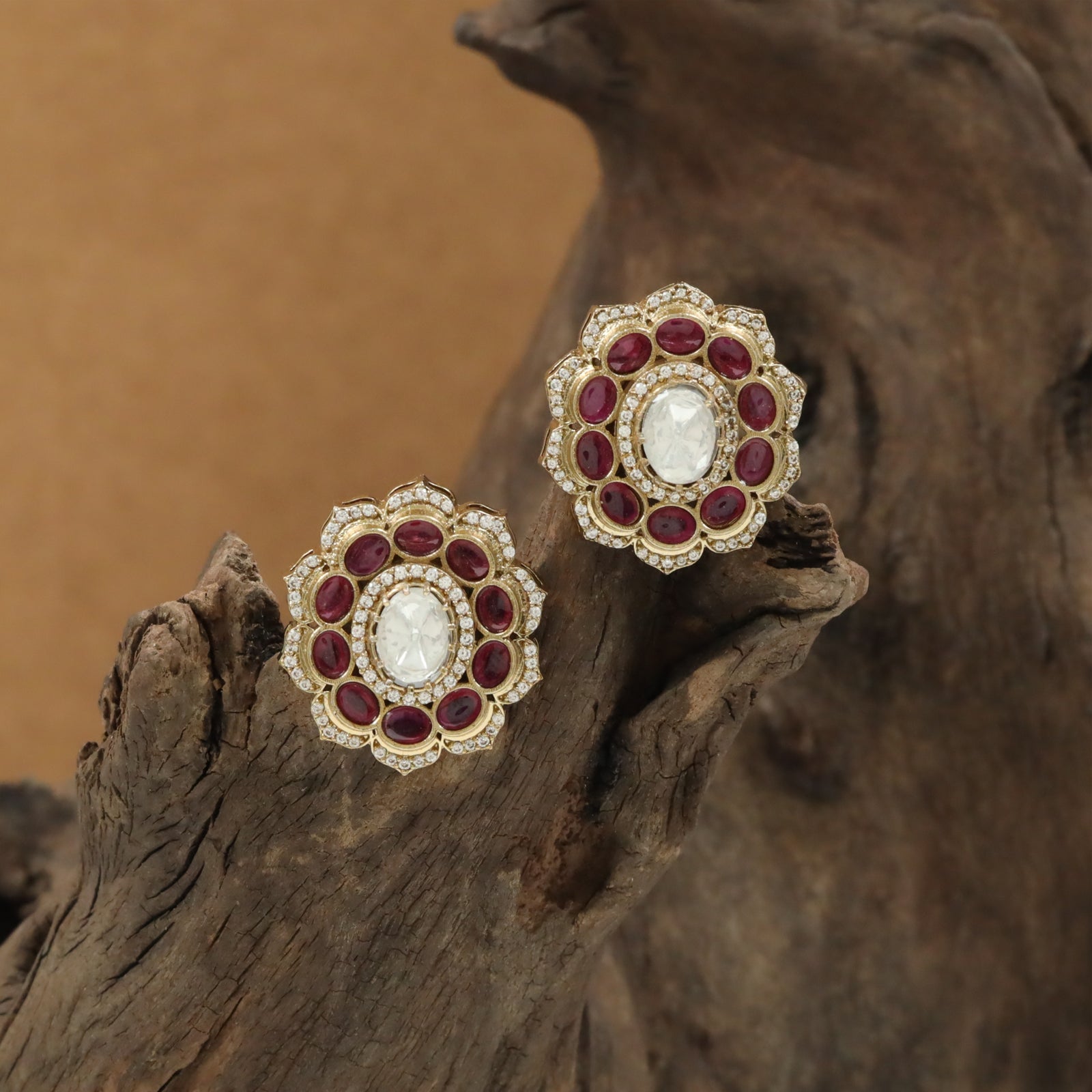 Crimson Oval Halo Victorian Studs with Raised Crystal Centre